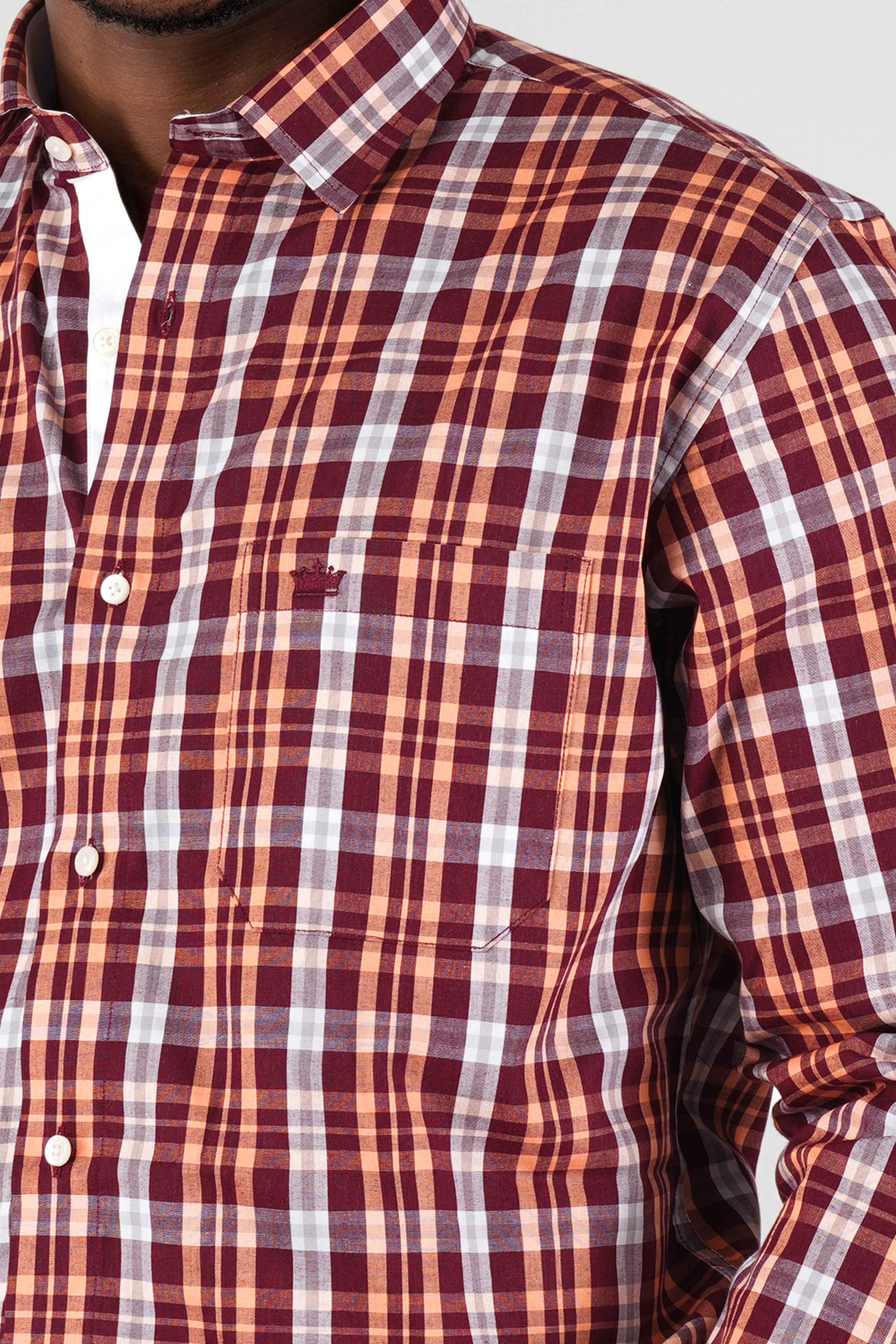 Claret Maroon with Tumbleweed Beige Checkered Premium Cotton Shirt