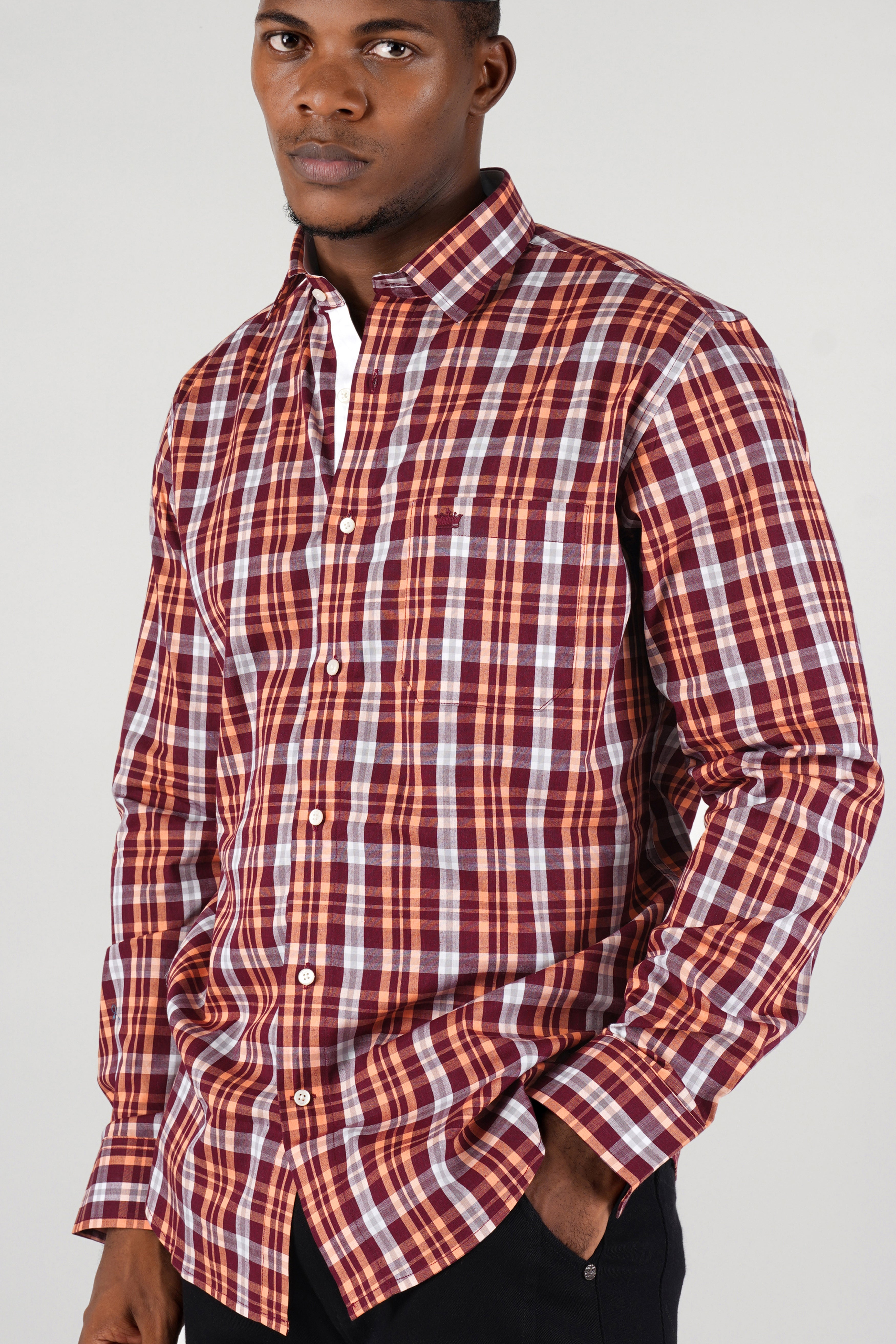 Claret Maroon with Tumbleweed Beige Checkered Premium Cotton Shirt