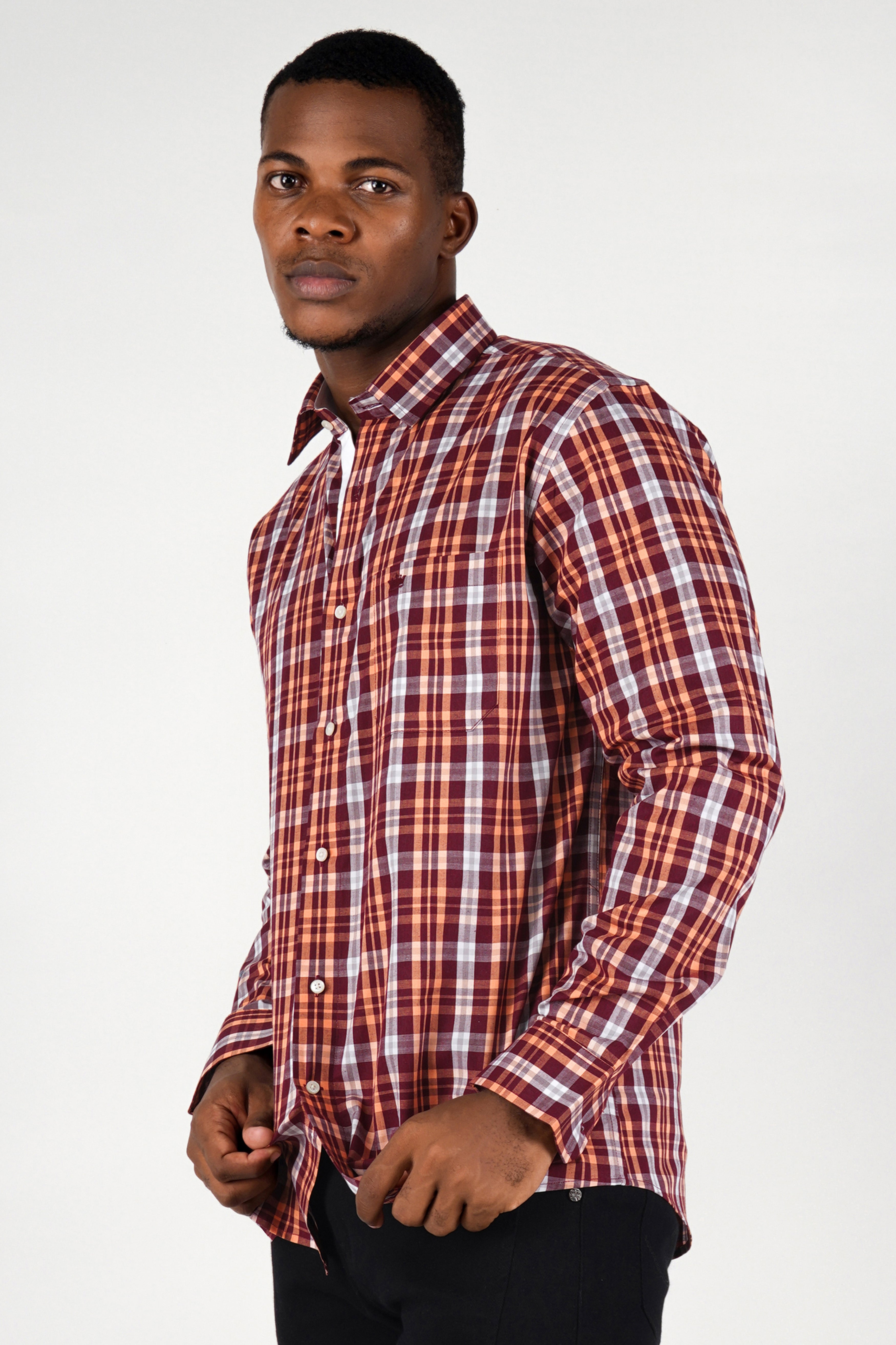 Claret Maroon with Tumbleweed Beige Checkered Premium Cotton Shirt