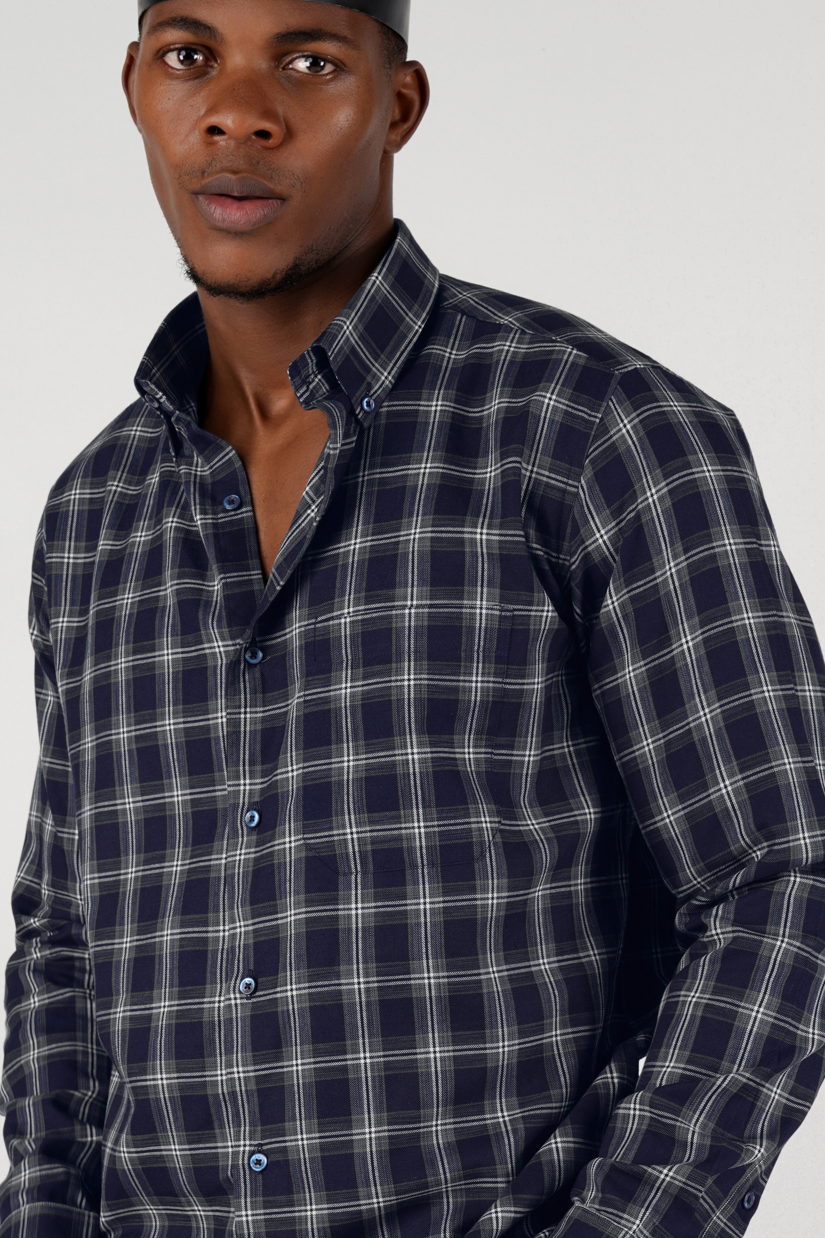 Baltic Navy Blue and White Twill Checkered Premium Cotton Shirt