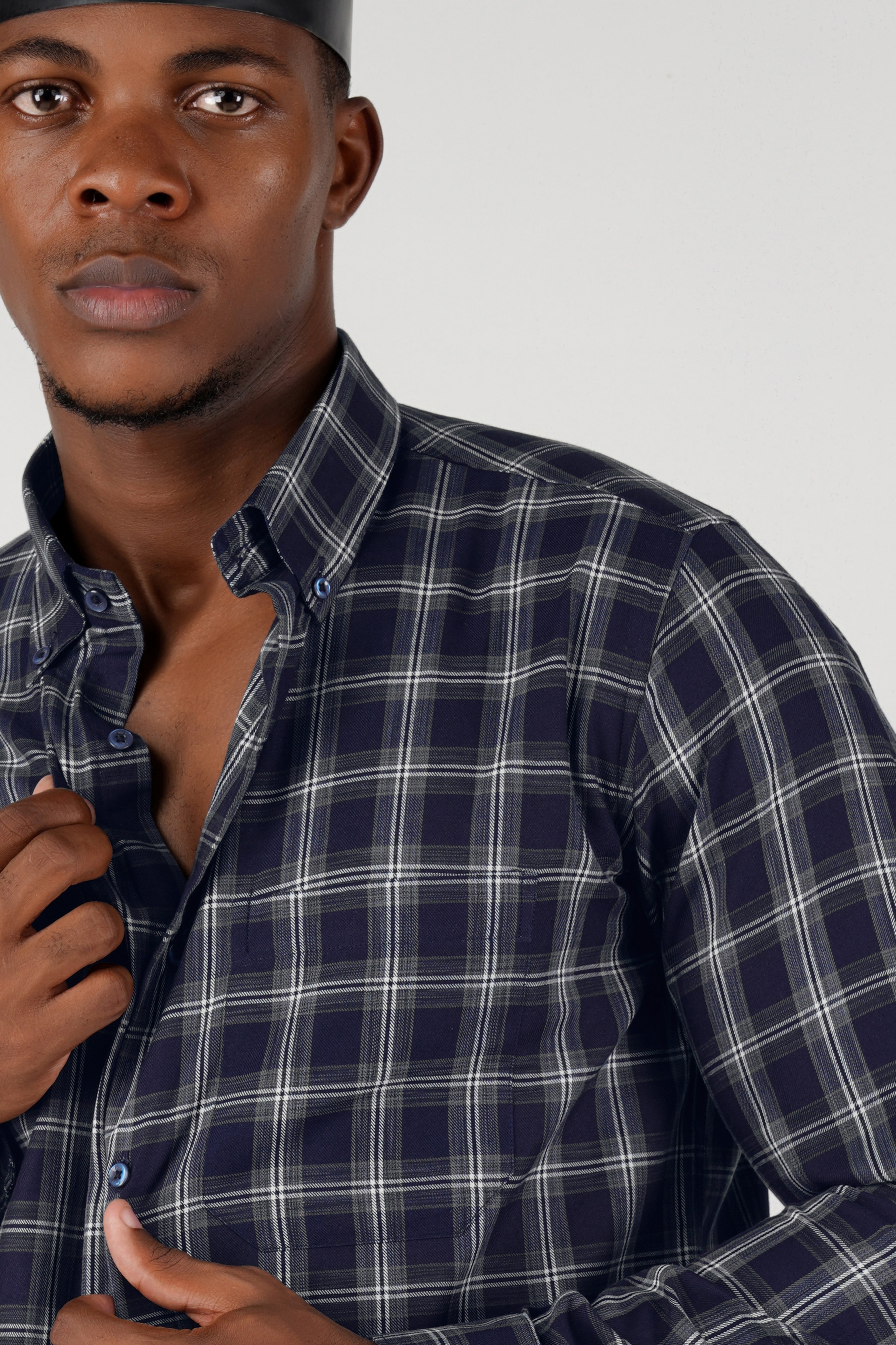 Baltic Navy Blue and White Twill Checkered Premium Cotton Shirt