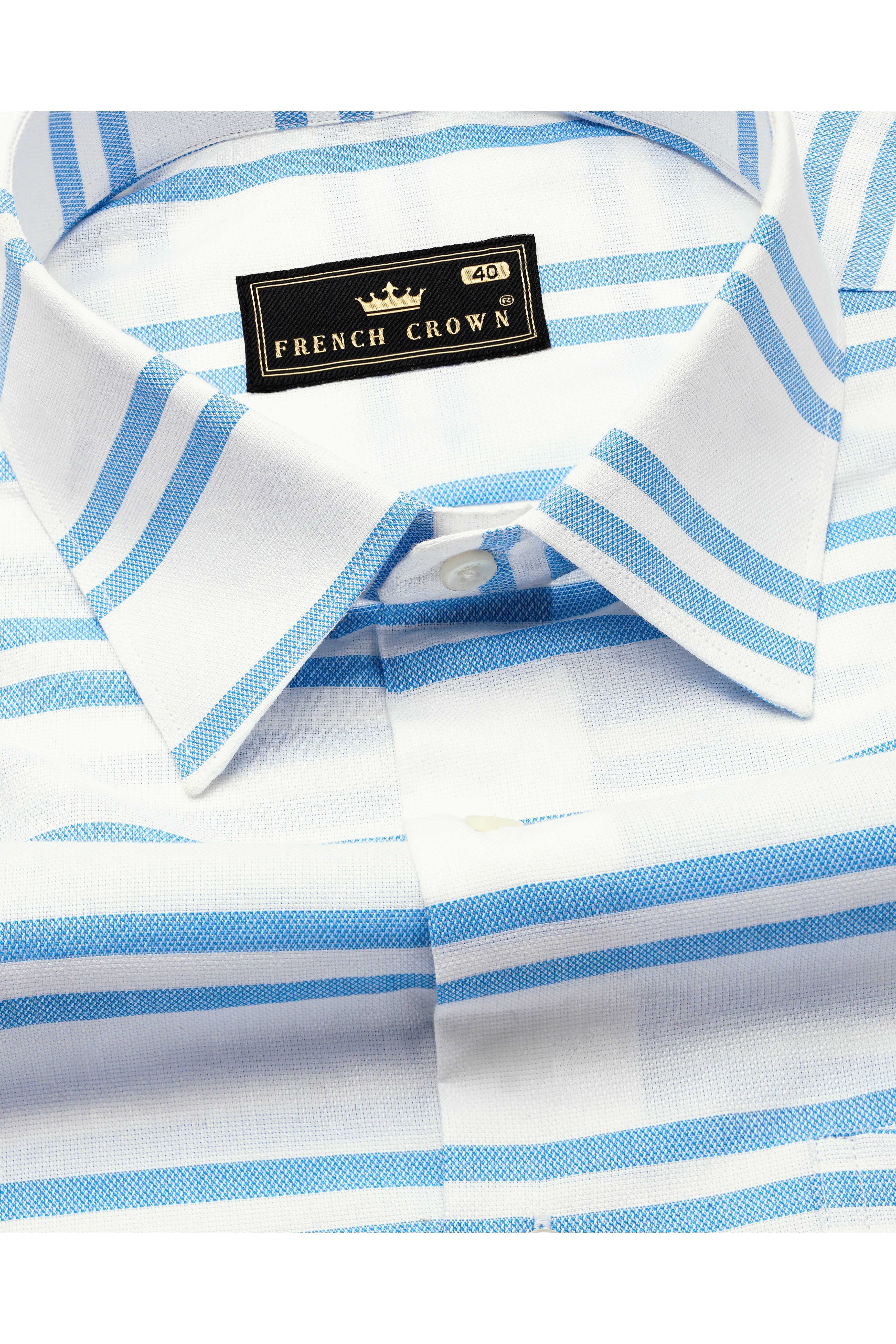 Bright White with Pale Cornflower Blue Striped Dobby Textured Premium Giza Cotton Shirt