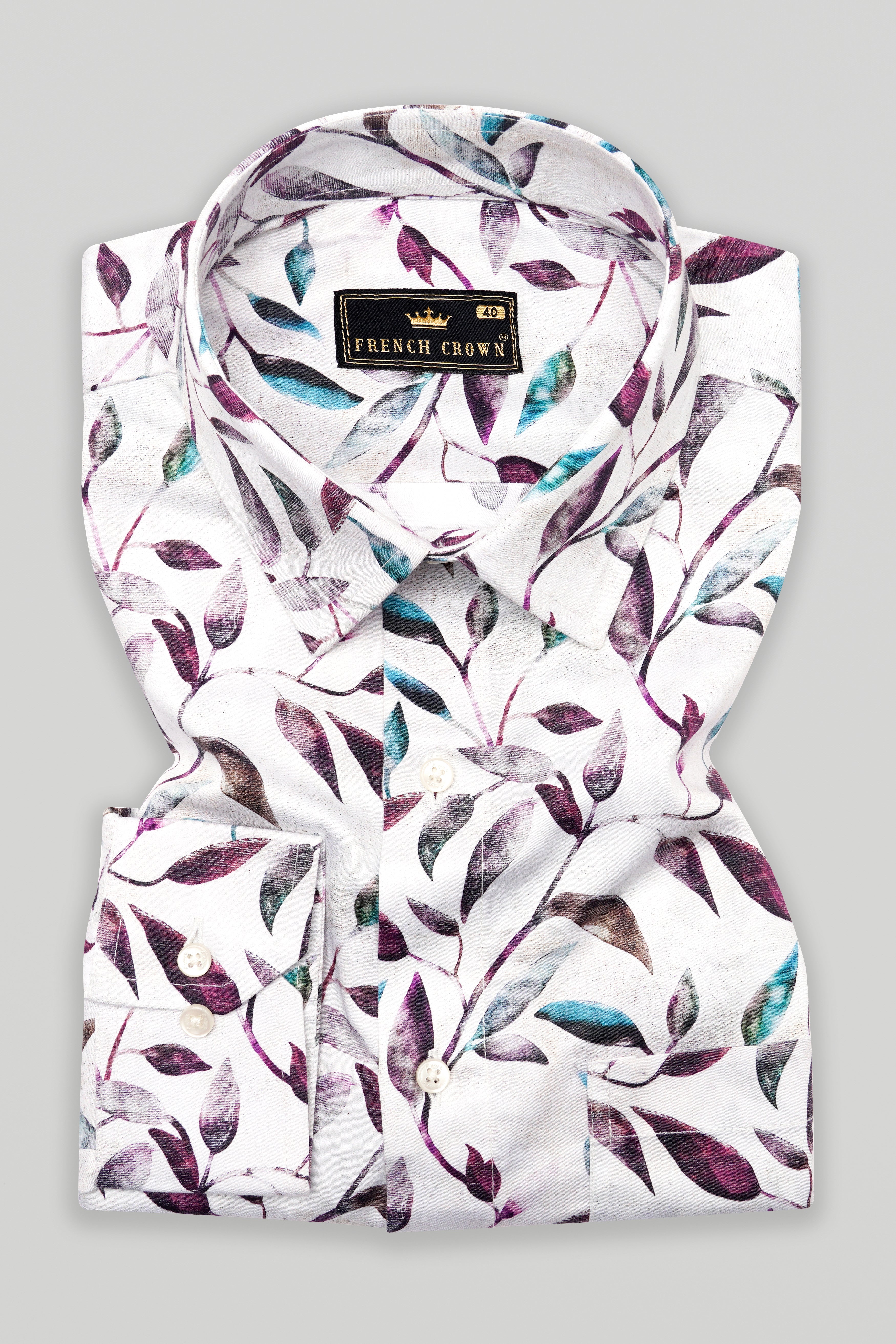 Bright White Multicolour Leaves Printed Super Soft Premium Cotton Shirt