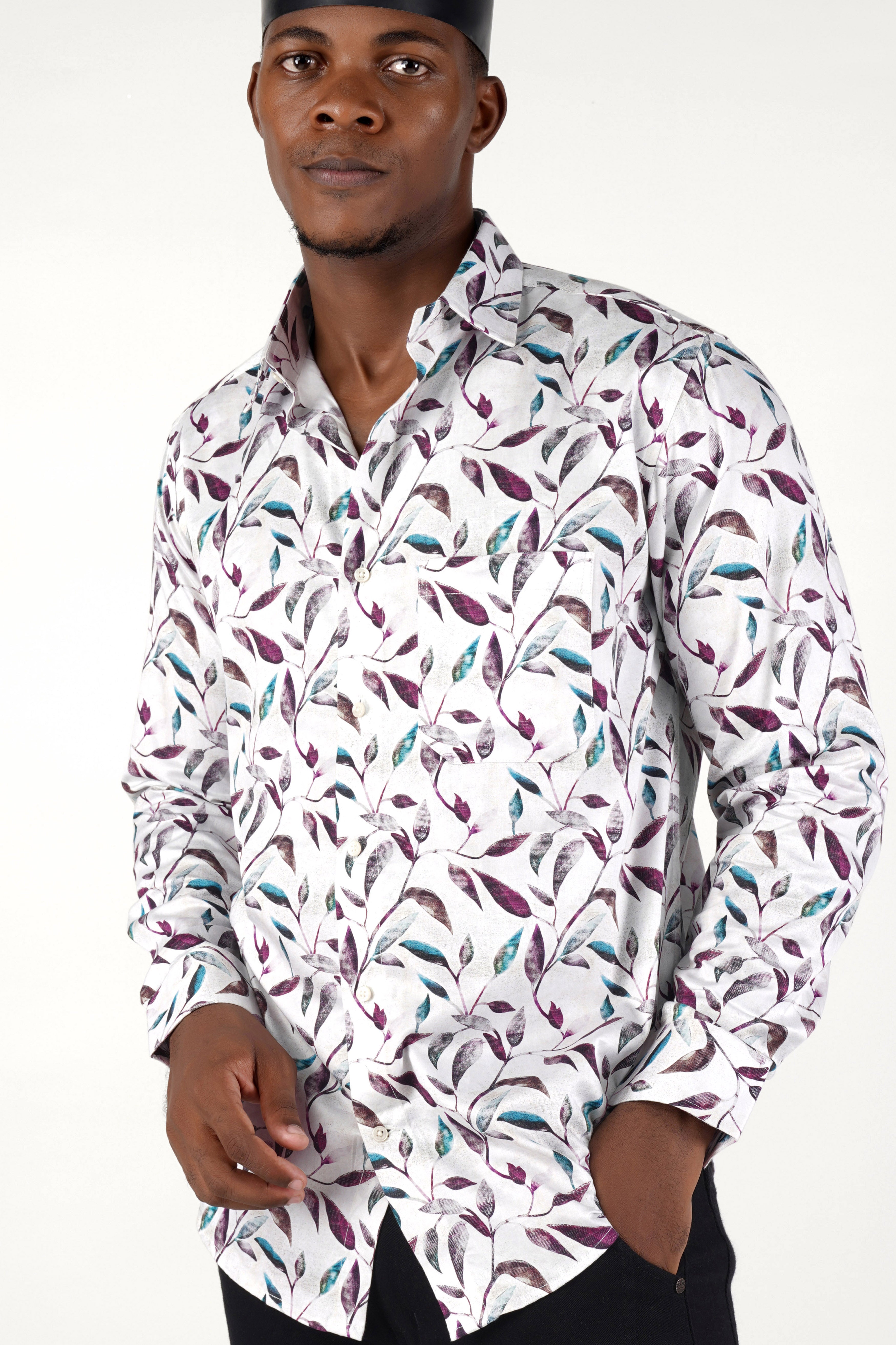 Bright White Multicolour Leaves Printed Super Soft Premium Cotton Shirt