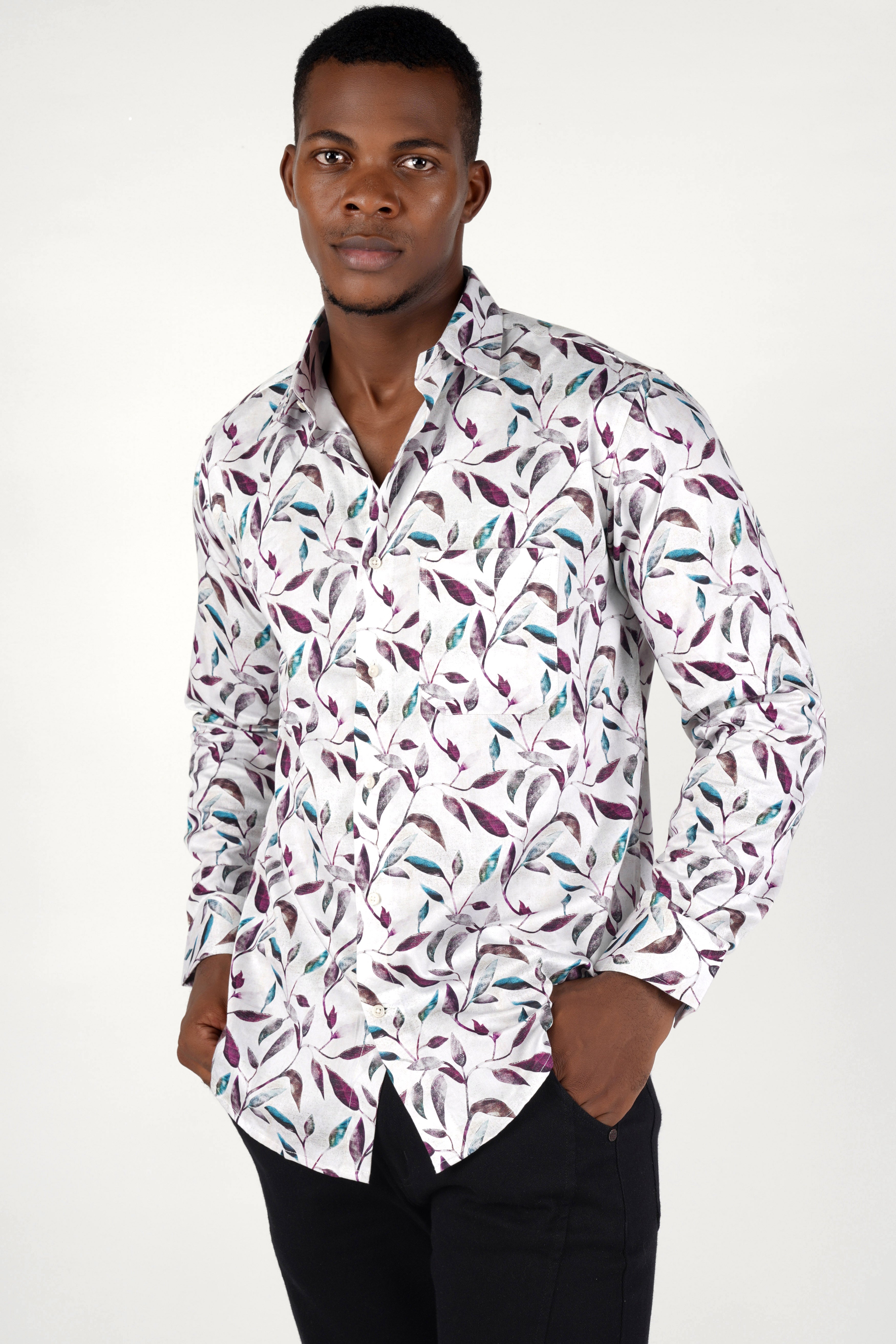 Bright White Multicolour Leaves Printed Super Soft Premium Cotton Shirt