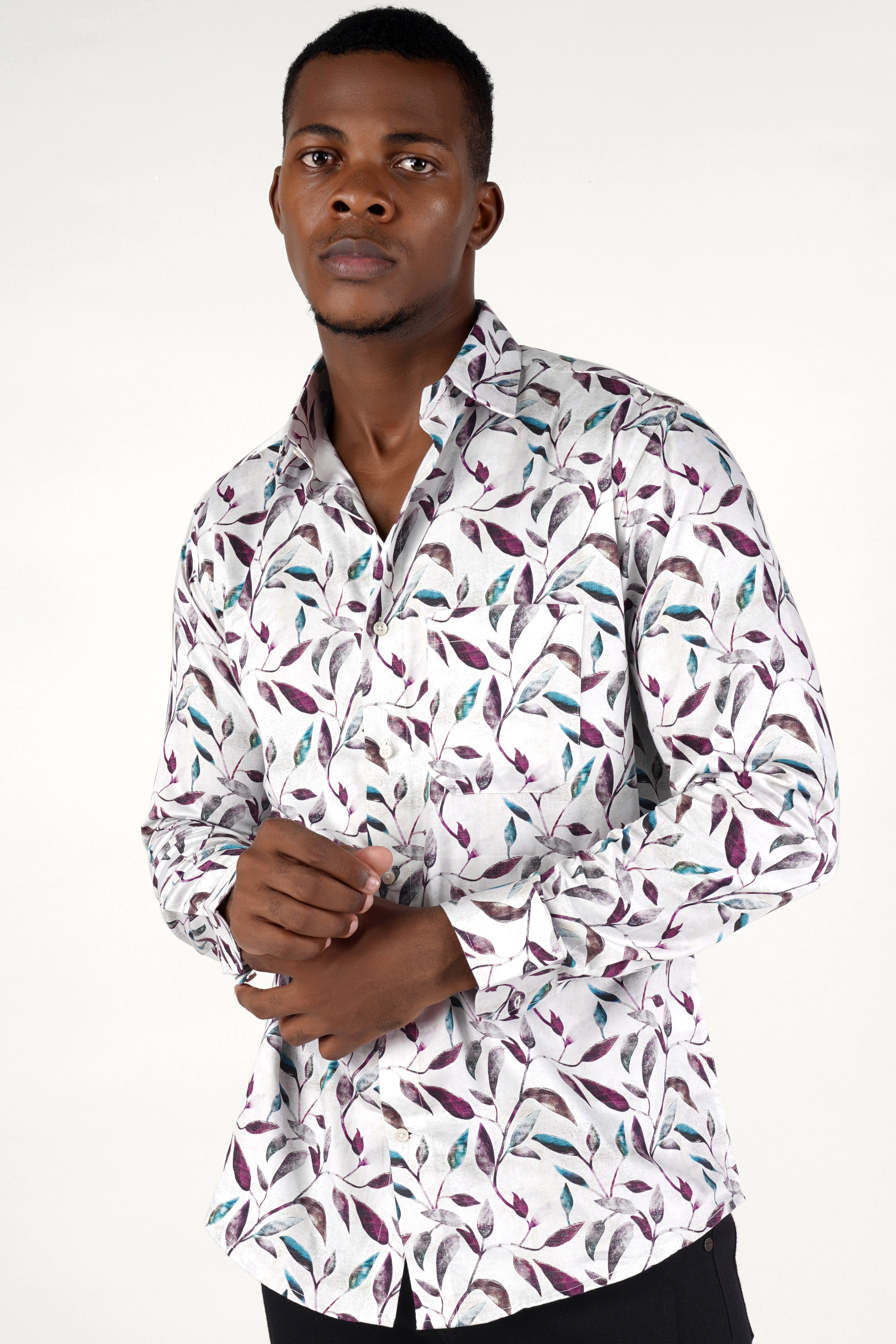 Bright White Multicolour Leaves Printed Super Soft Premium Cotton Shirt