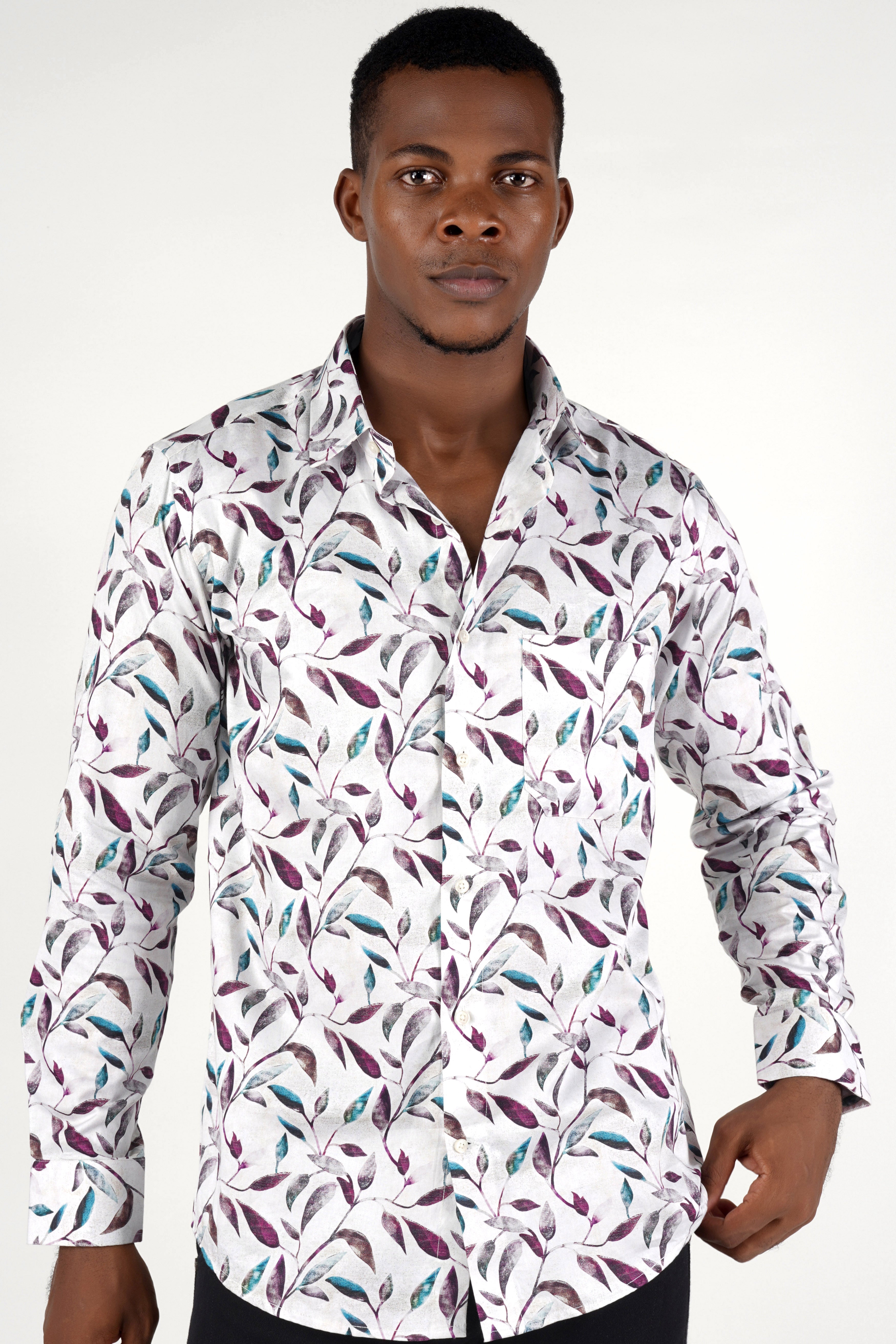 Bright White Multicolour Leaves Printed Super Soft Premium Cotton Shirt