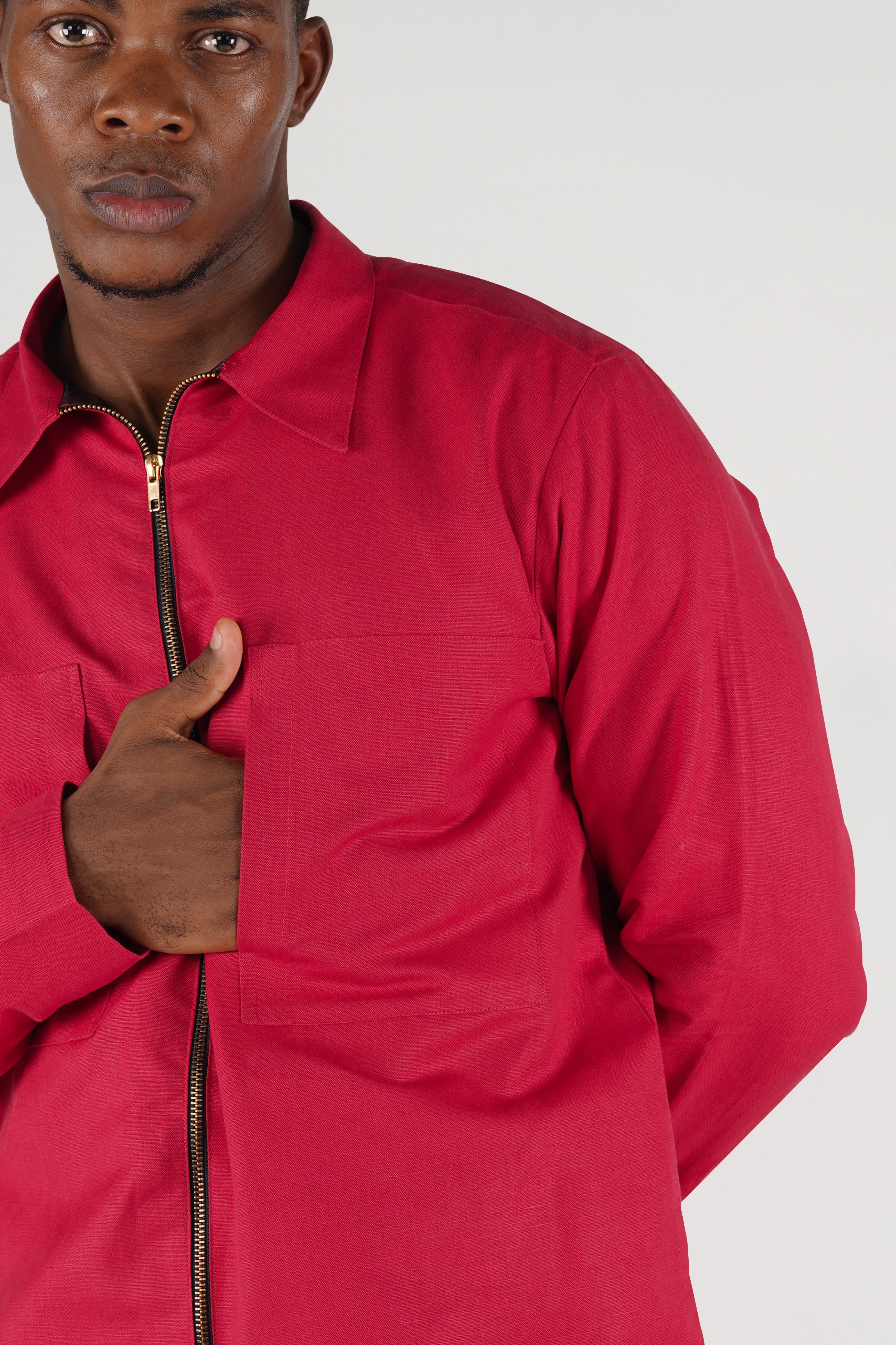 Cardinal Red Linen Textured Premium Cotton Jacket with Metallic Zipper Closer