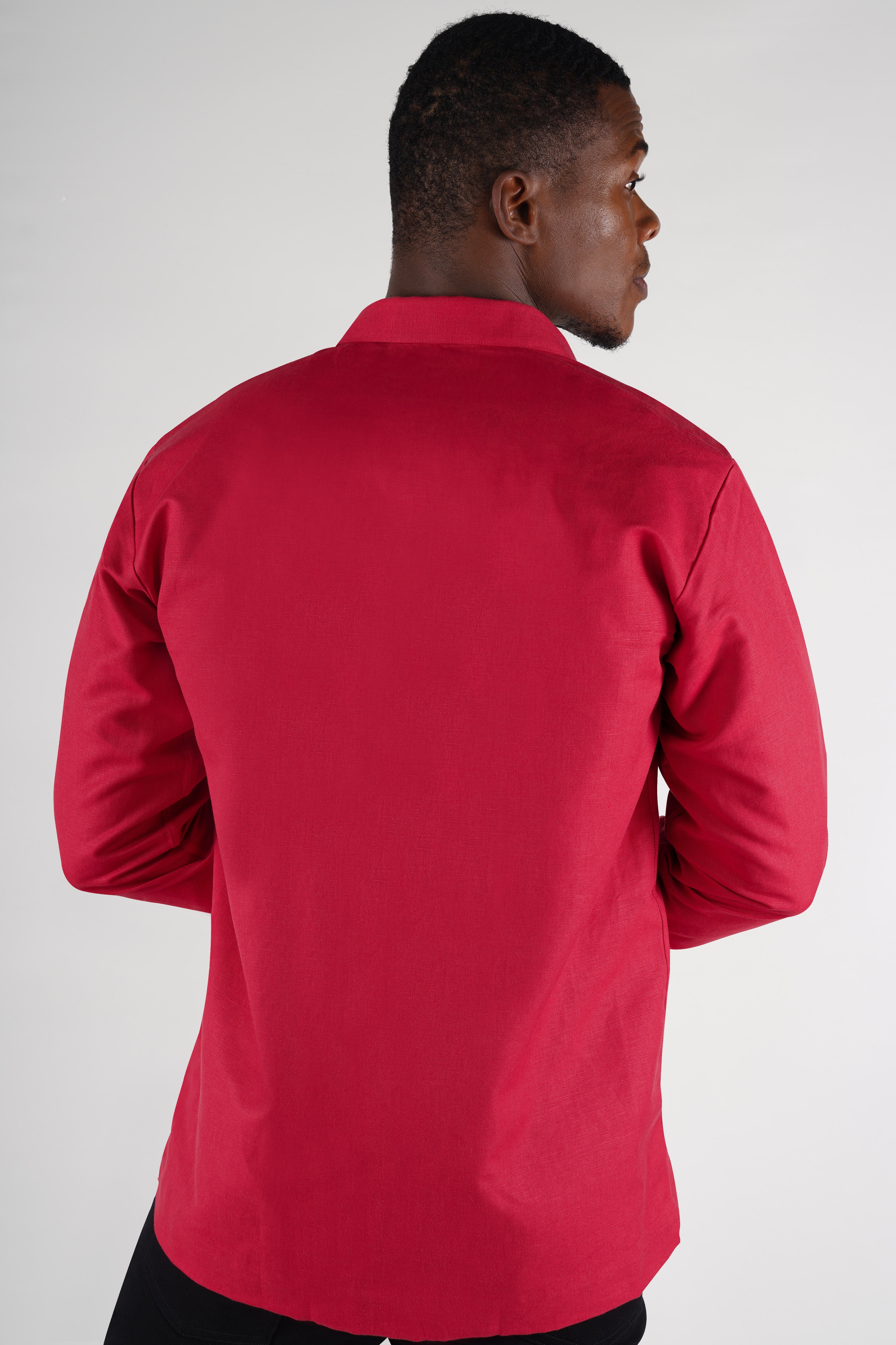 Cardinal Red Linen Textured Premium Cotton Jacket with Metallic Zipper Closer