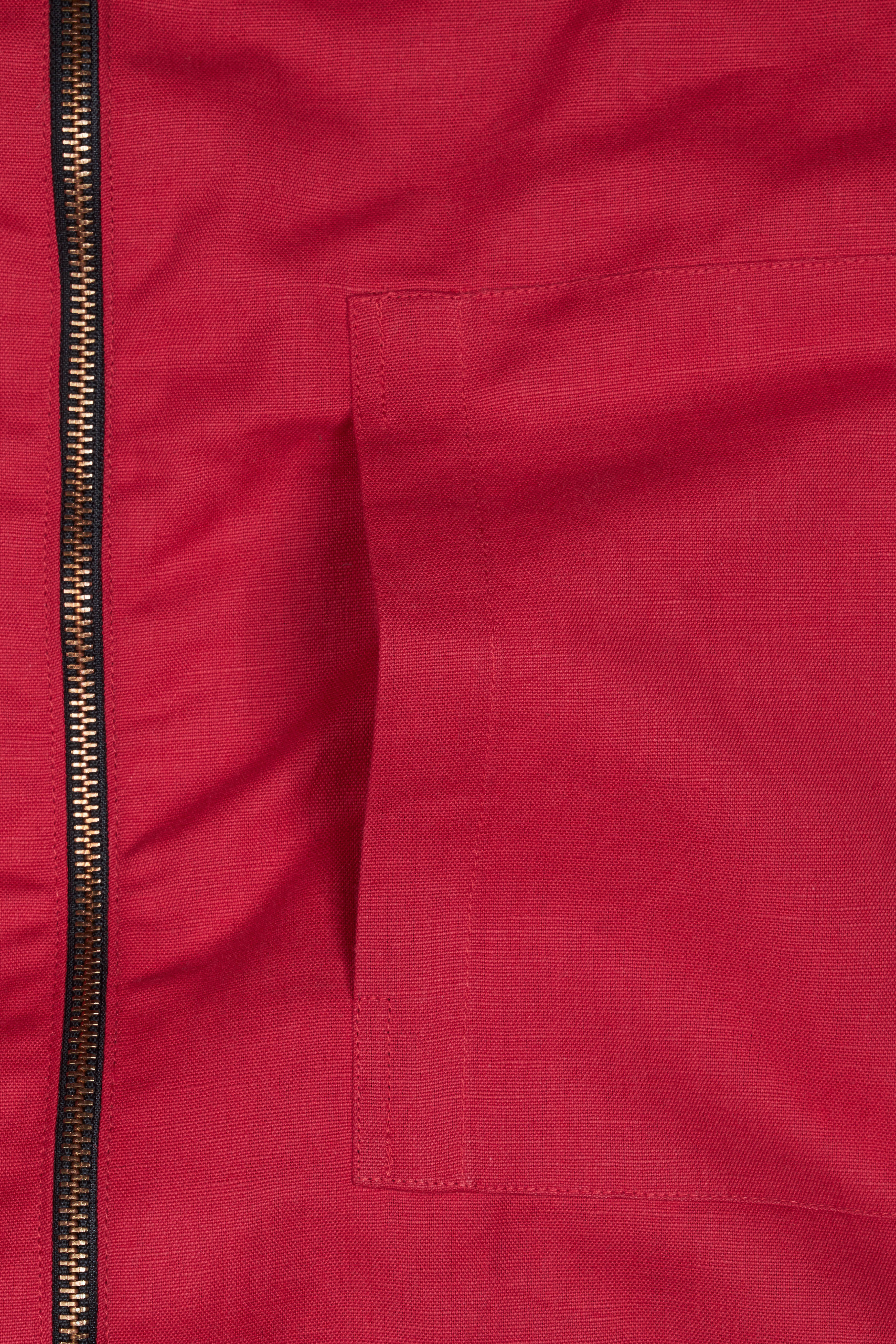 Cardinal Red Linen Textured Premium Cotton Jacket with Metallic Zipper Closer