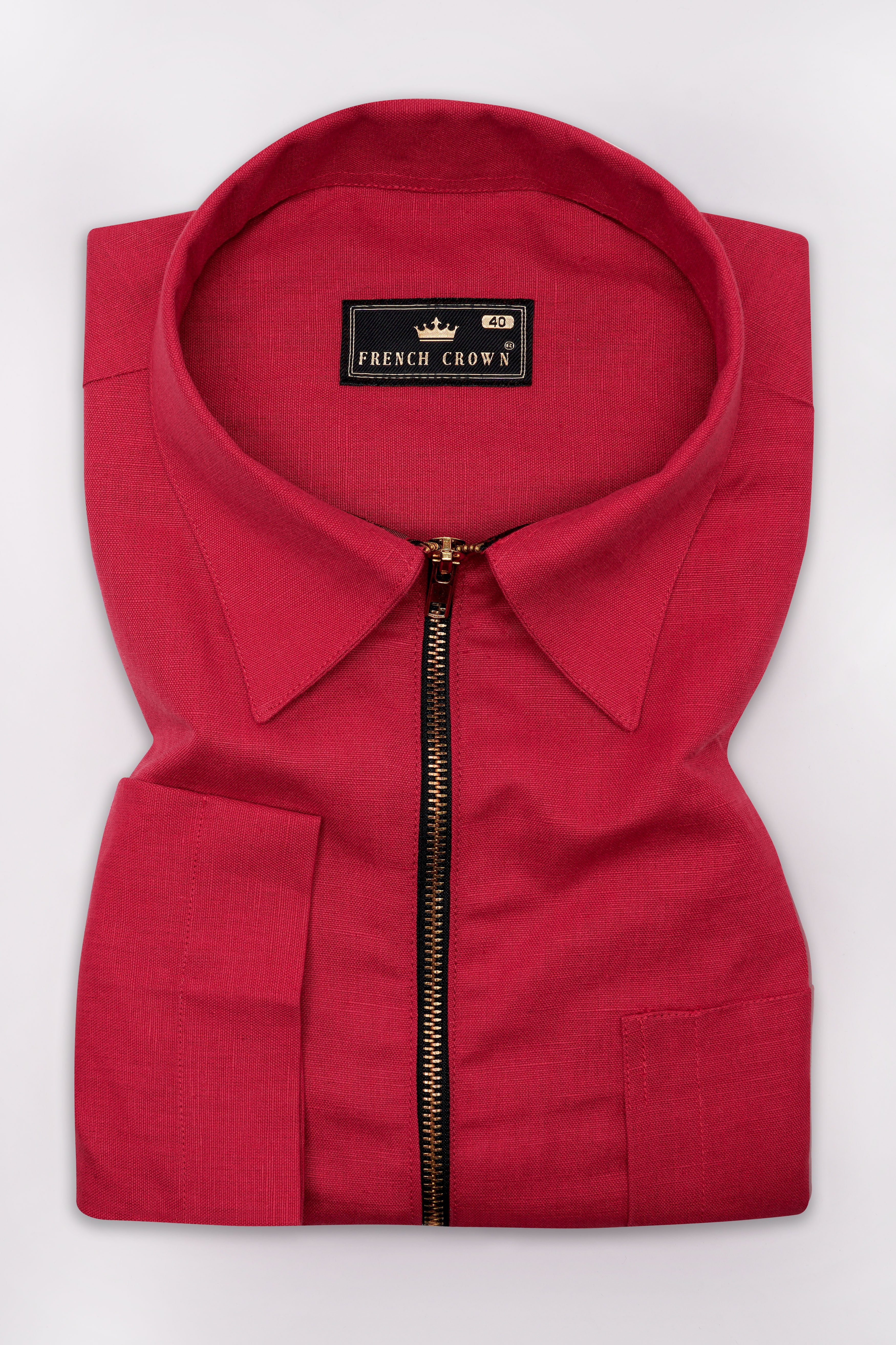 Cardinal Red Linen Textured Premium Cotton Jacket with Metallic Zipper Closer