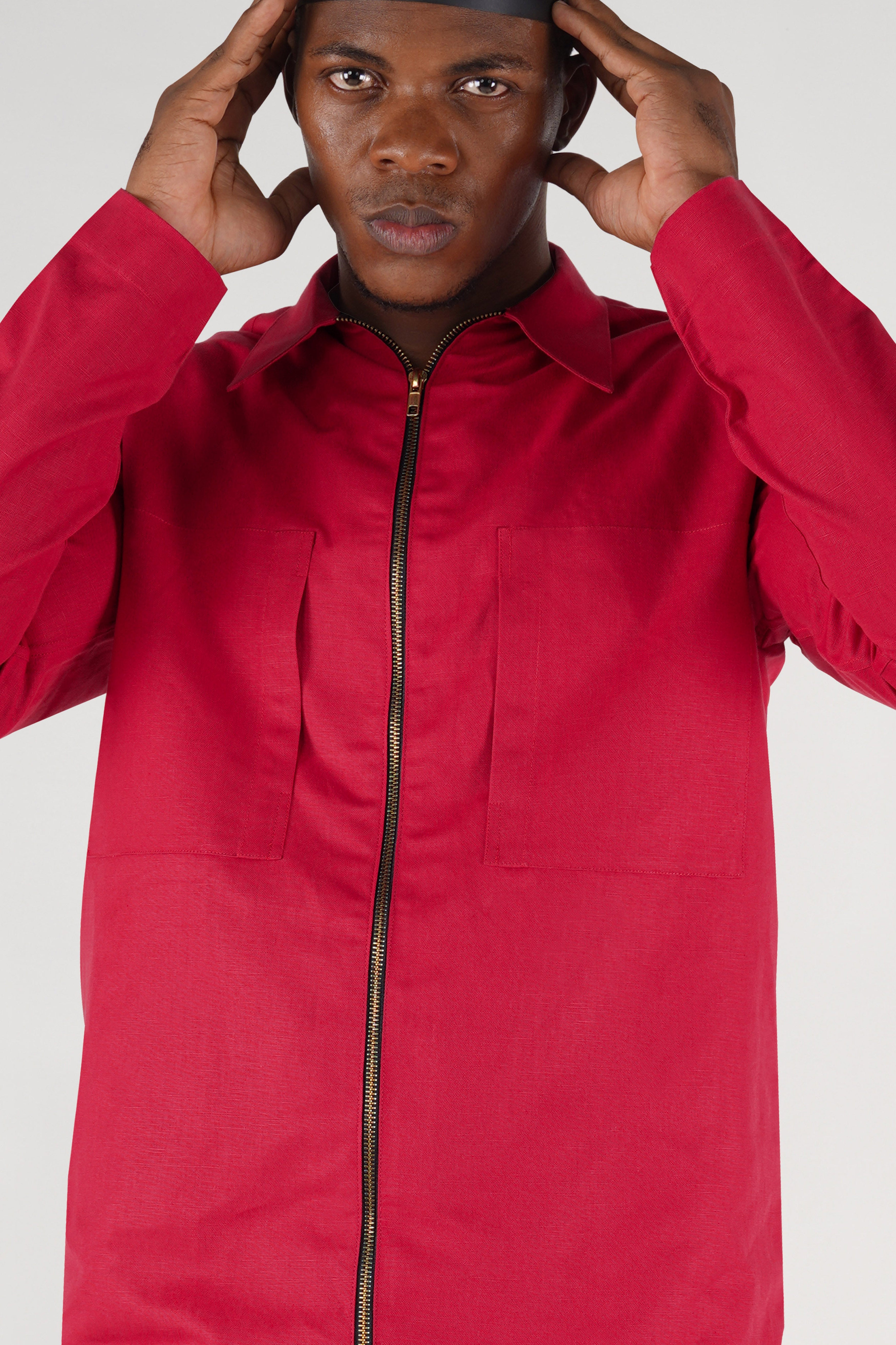 Cardinal Red Linen Textured Premium Cotton Jacket with Metallic Zipper Closer