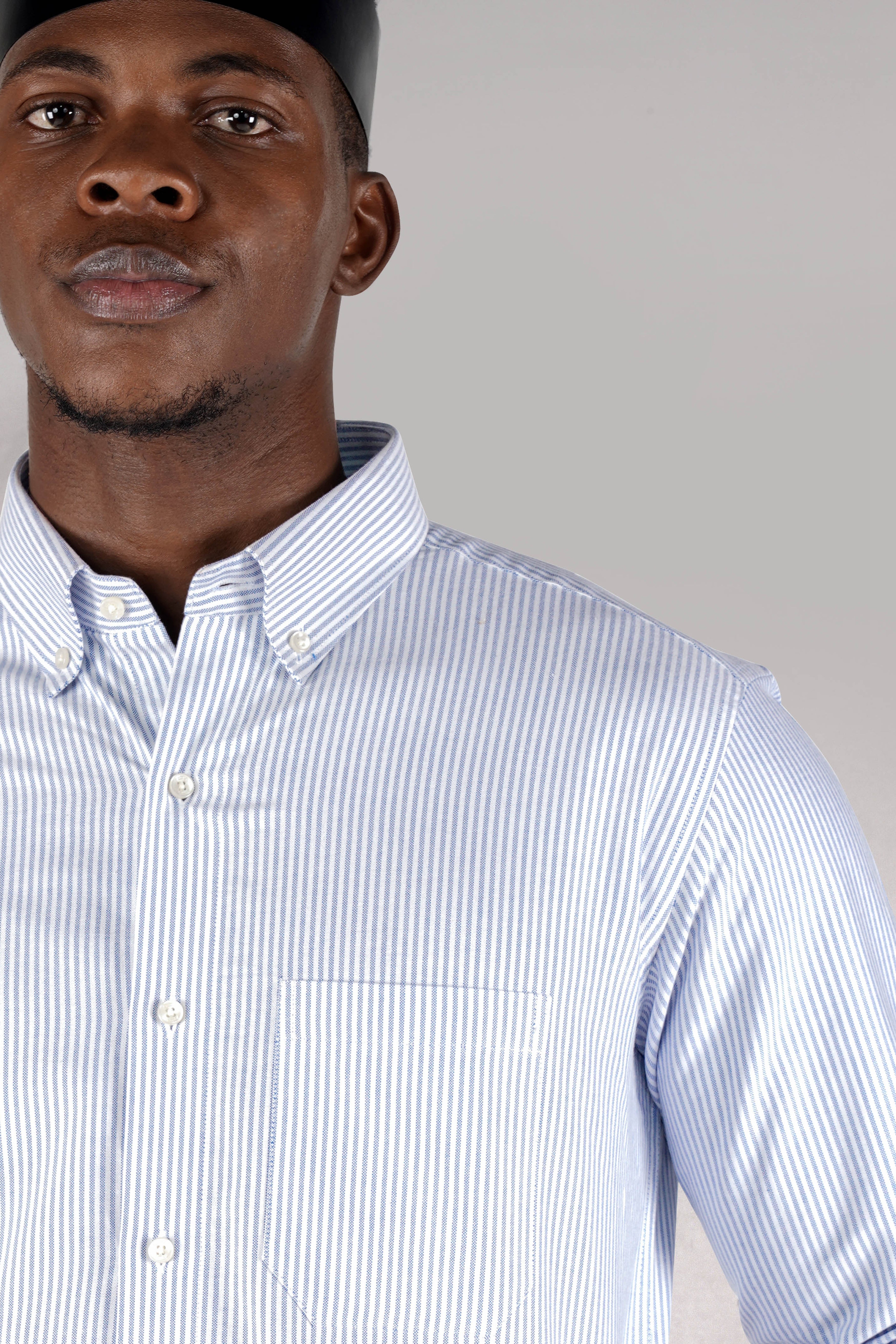 Bright White with Periwinkle Blue Striped Royal Oxford Shirt