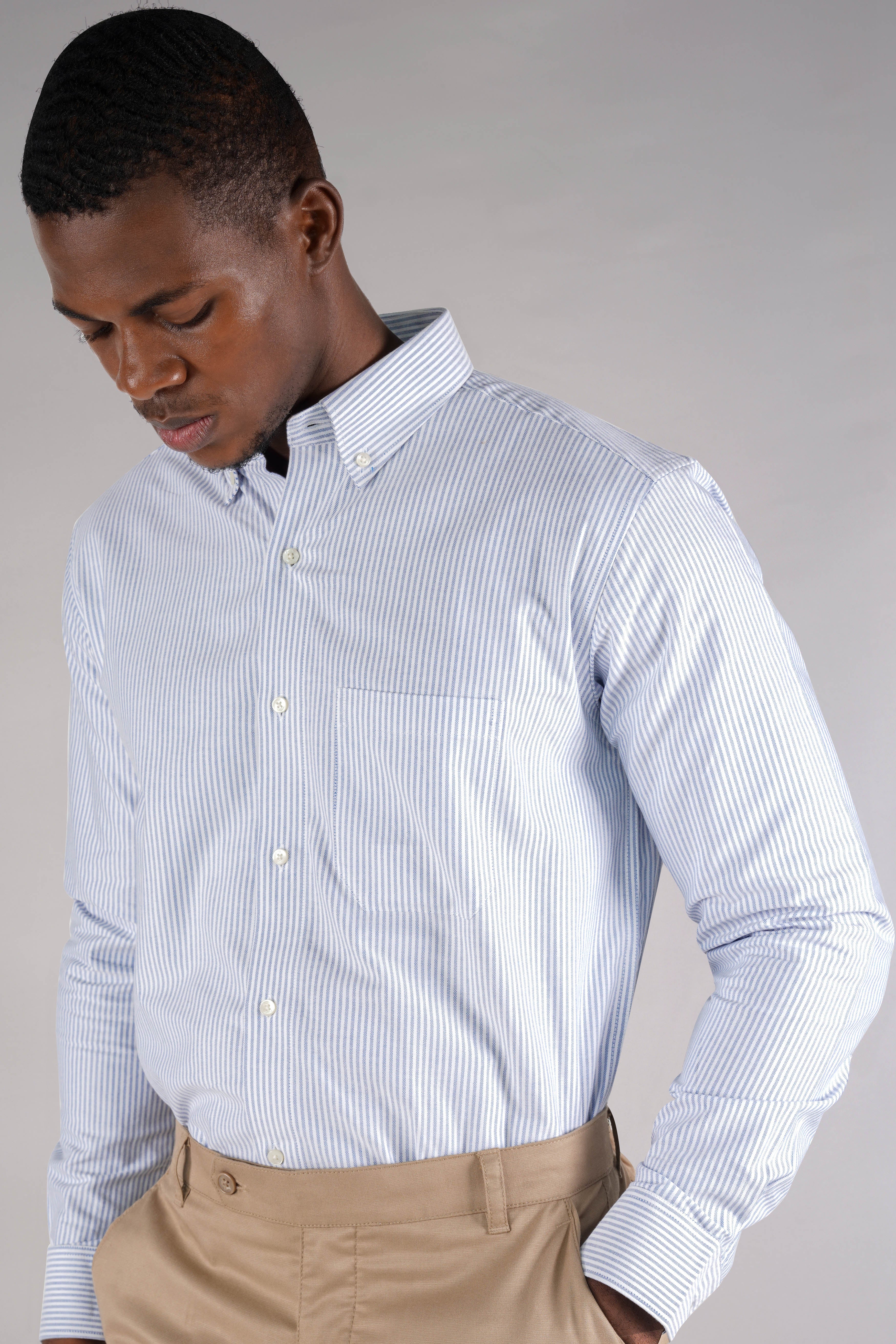 Bright White with Periwinkle Blue Striped Royal Oxford Shirt