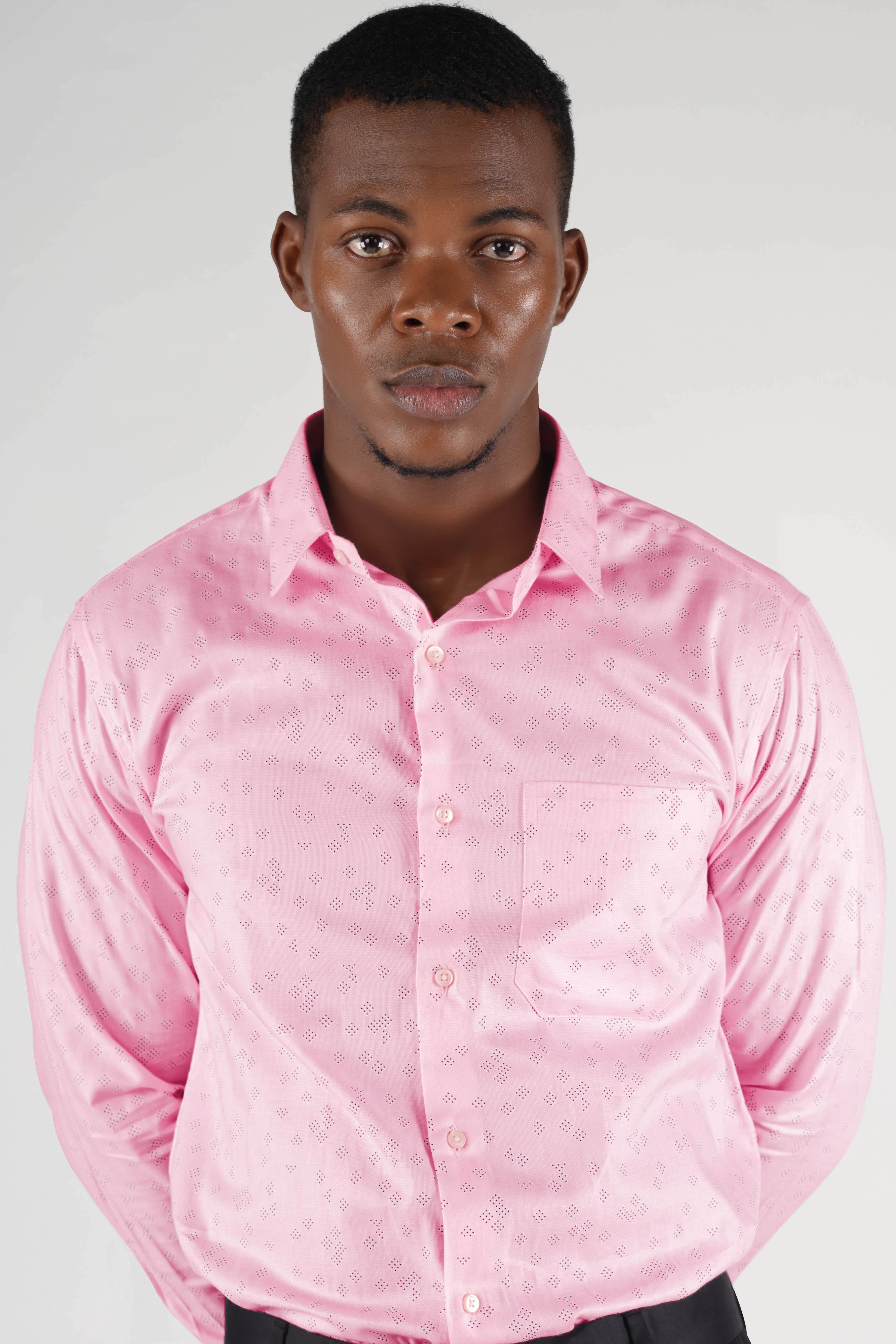 Thulian Pink with Black Polka Dot Textured Dobby Premium Giza Cotton Shirt