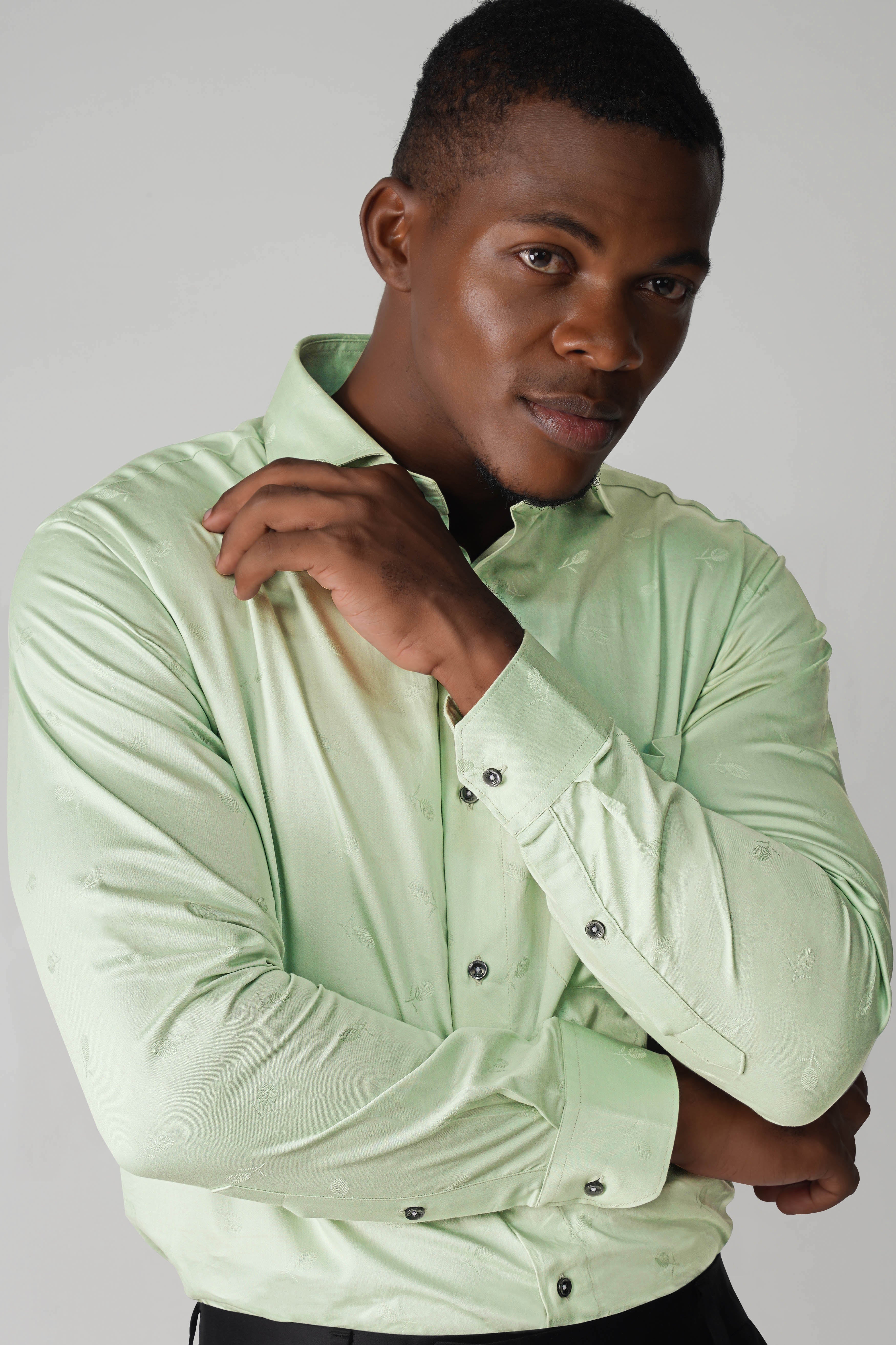 Pistachio Green Jacquard Textured Premium Giza Cotton Shirt