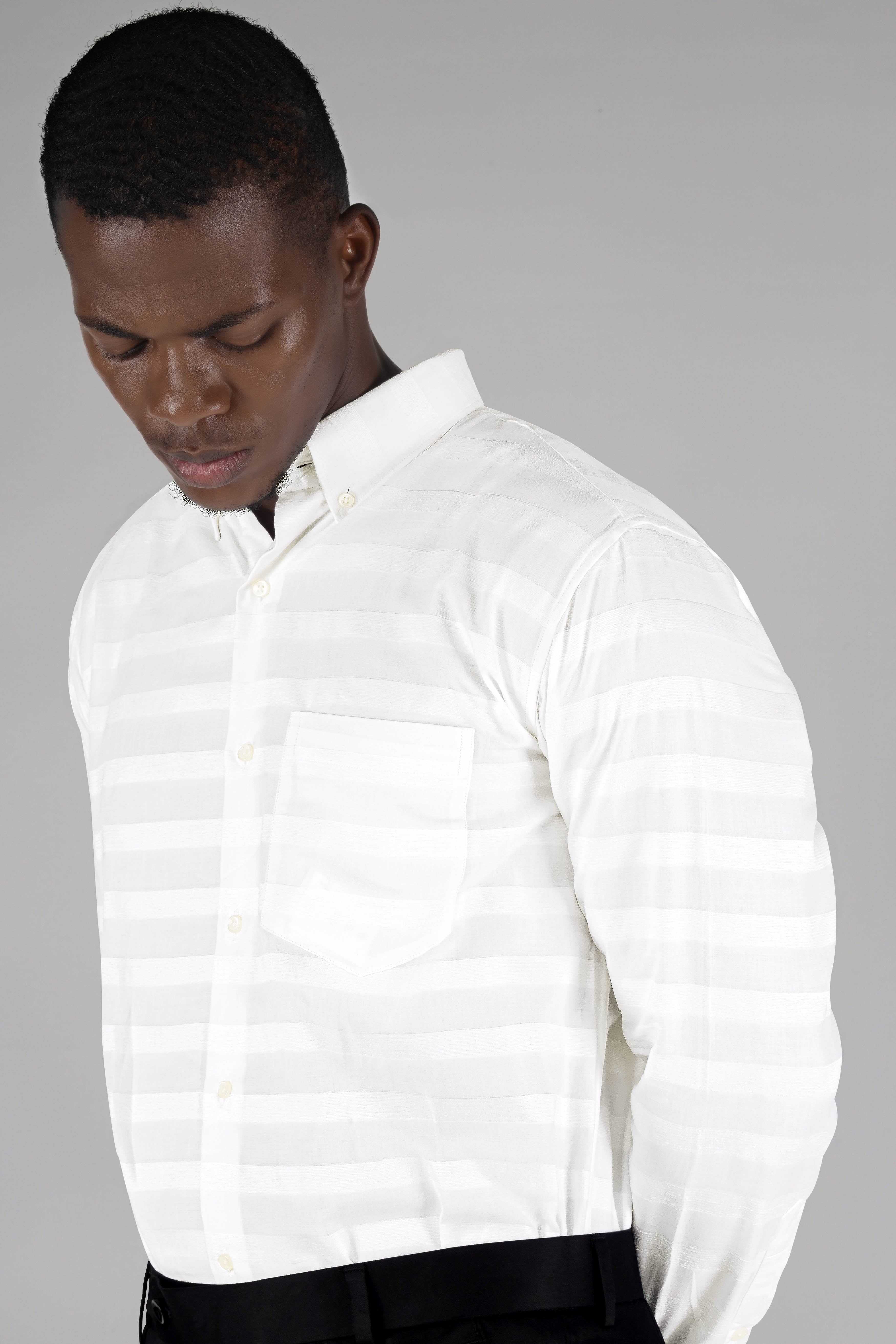 Bright White with Velvet Striped Textured Premium Cotton Shirt