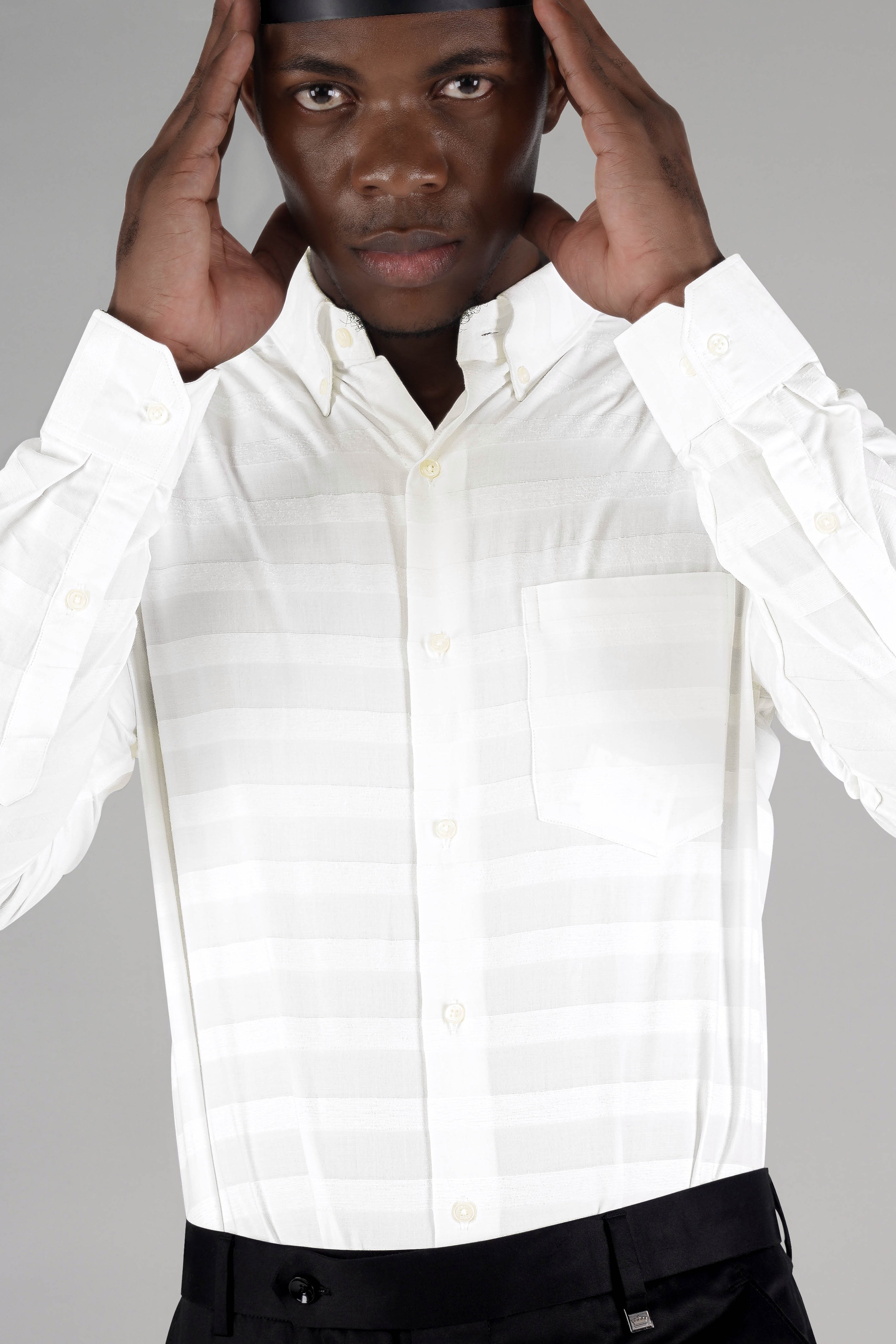 Bright White with Velvet Striped Textured Premium Cotton Shirt