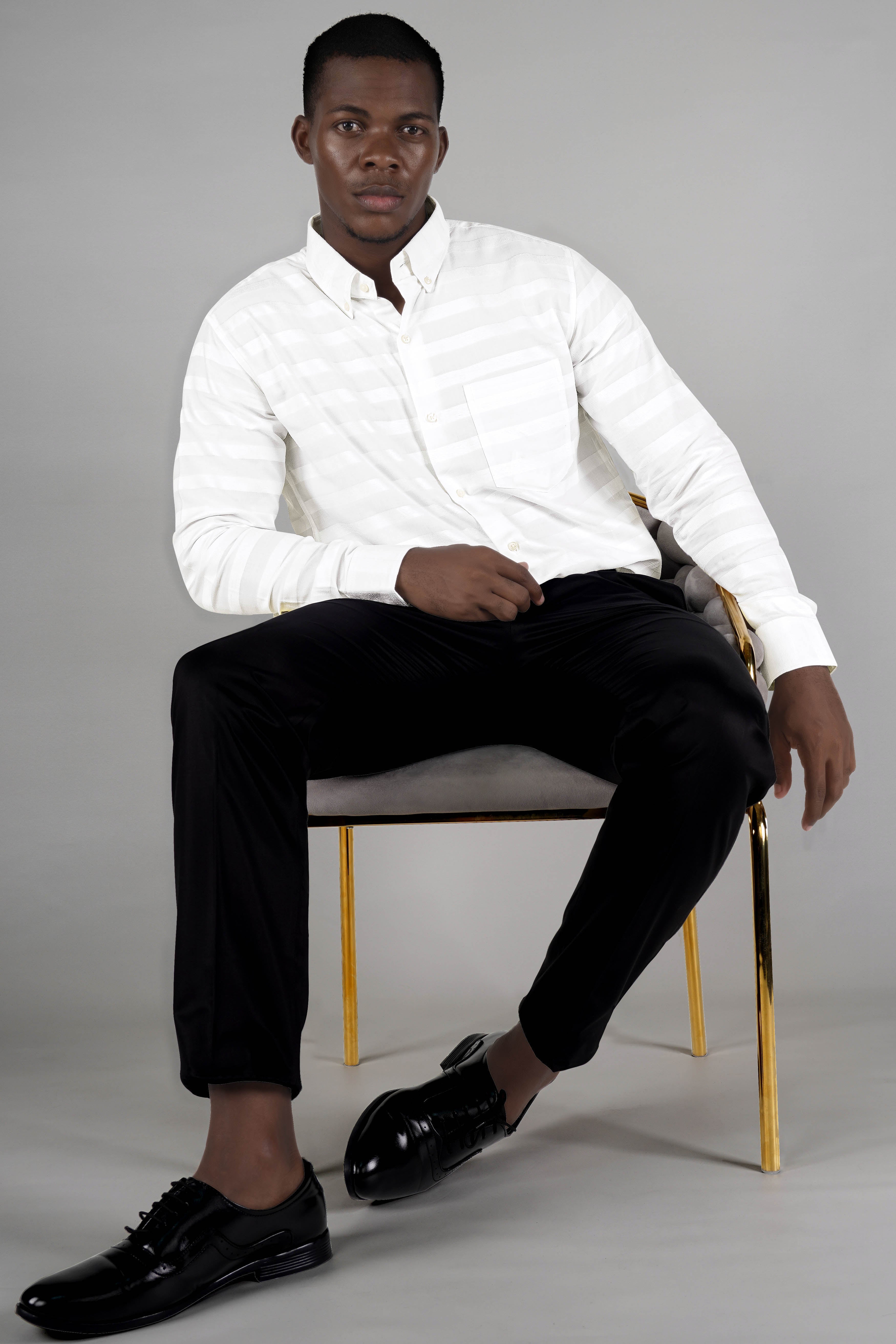 Bright White with Velvet Striped Textured Premium Cotton Shirt