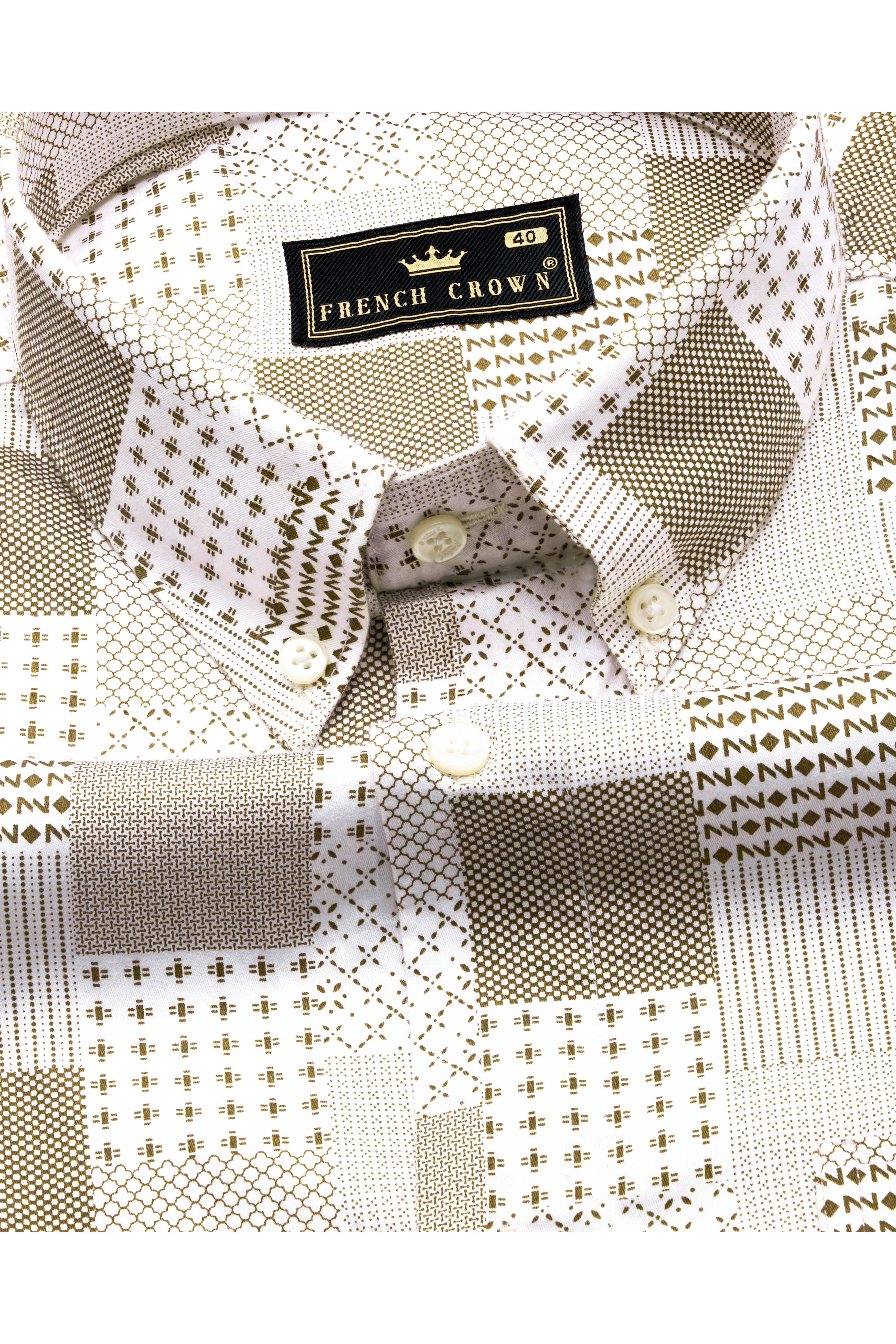 Bright White with Bronzetone Brown Square Printed Super Soft Premium Cotton Shirt