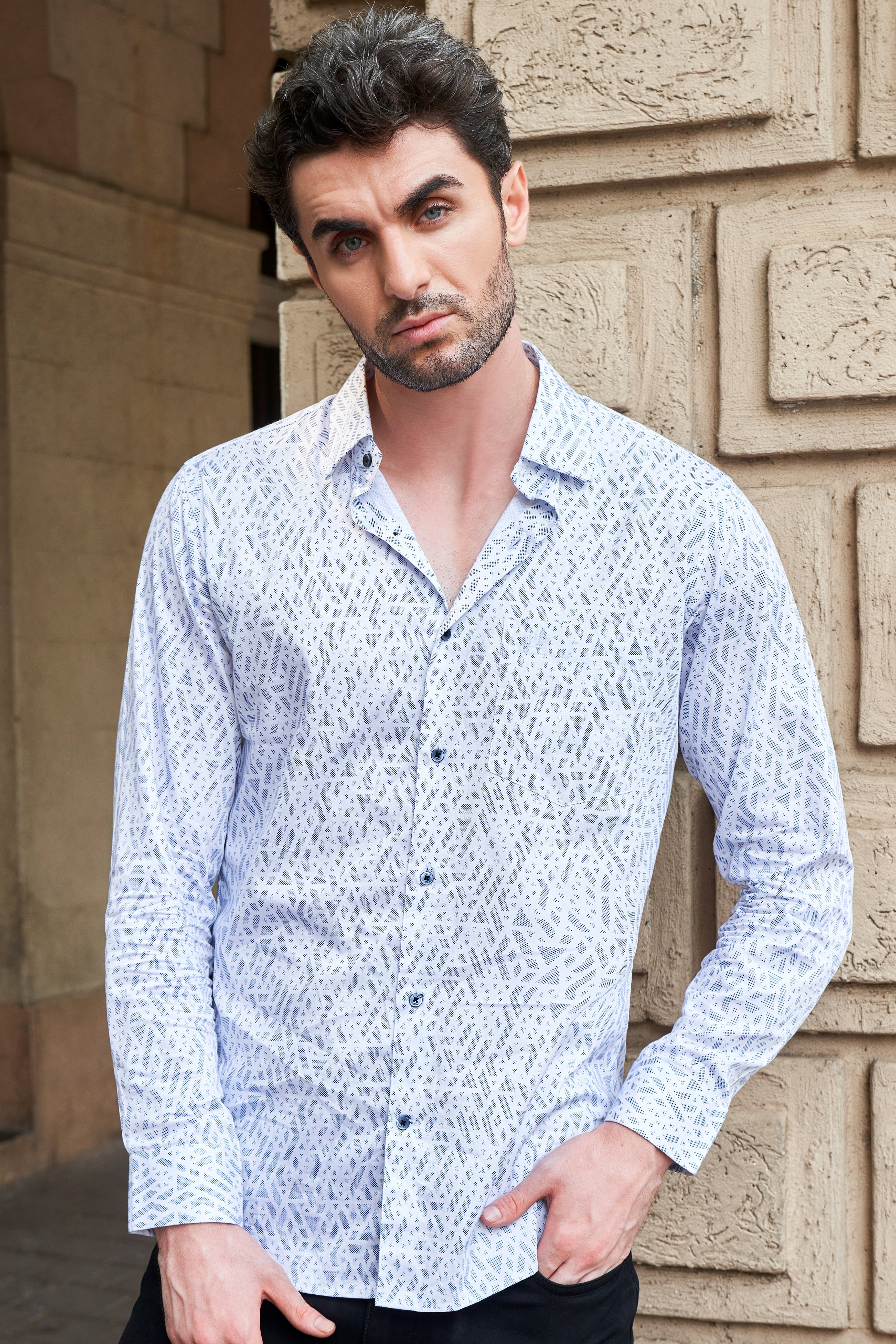 Bright White Geometric Pattern Printed Super Soft Premium Cotton Shirt