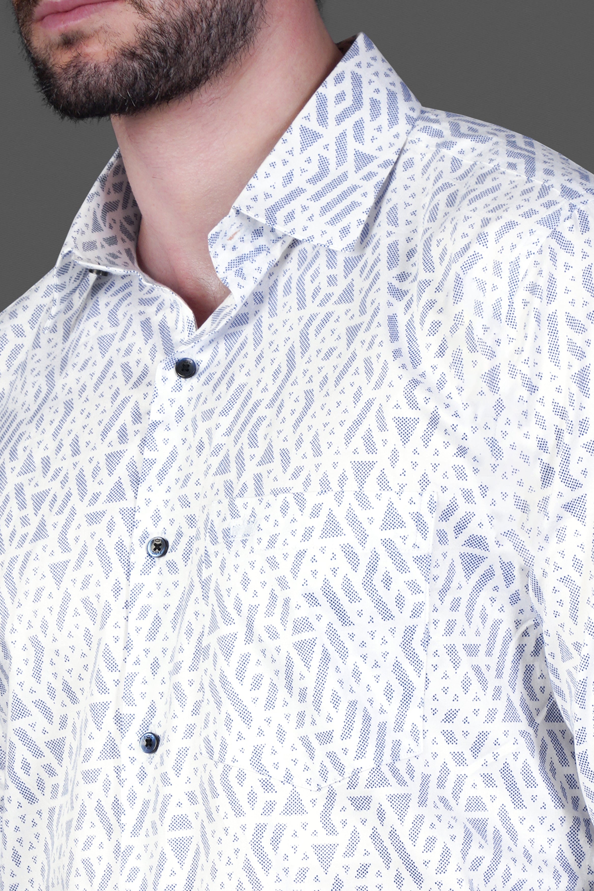 Bright White Geometric Pattern Printed Super Soft Premium Cotton Shirt