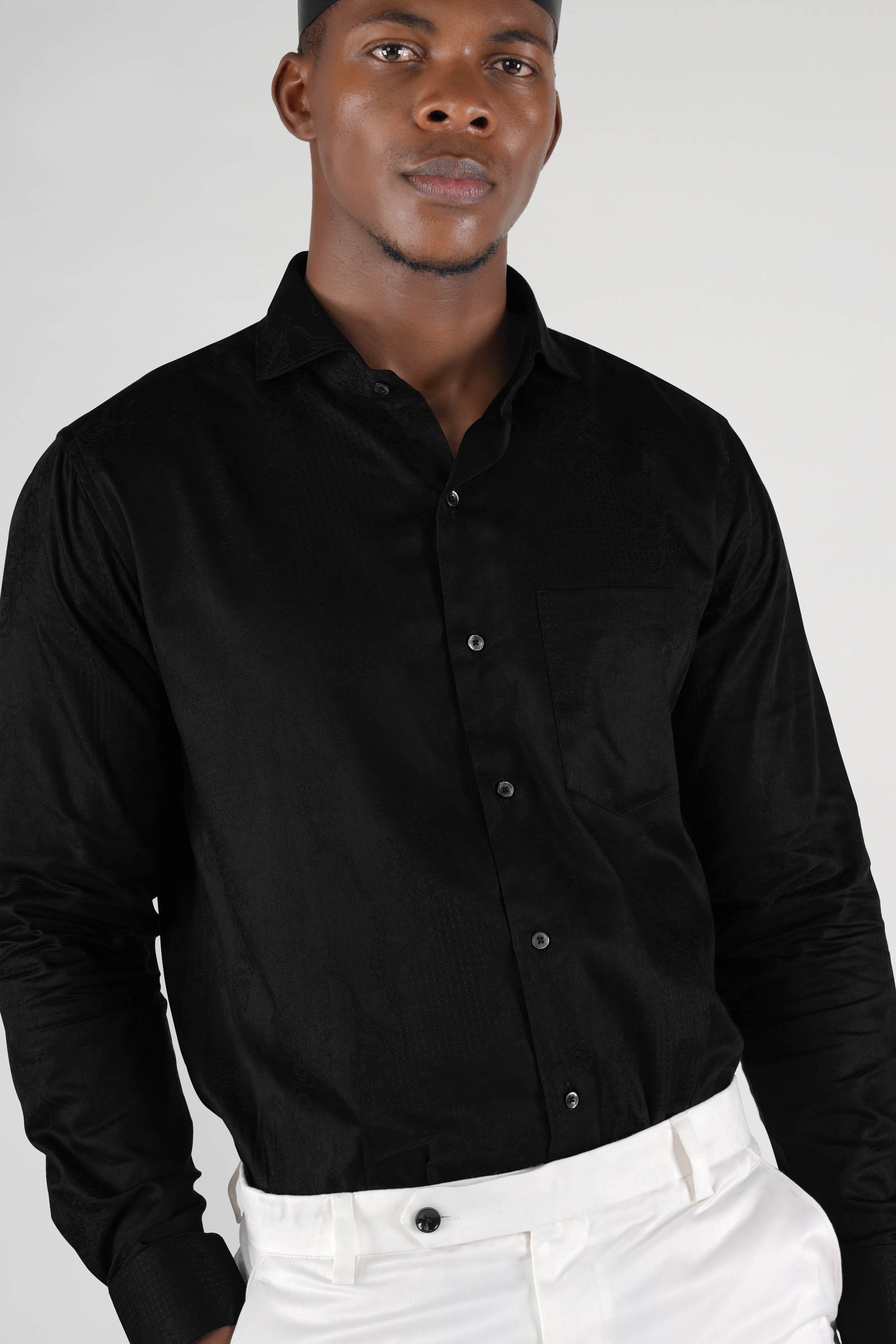 Jade Black Jacquard Textured Premium Giza Cotton Shirt