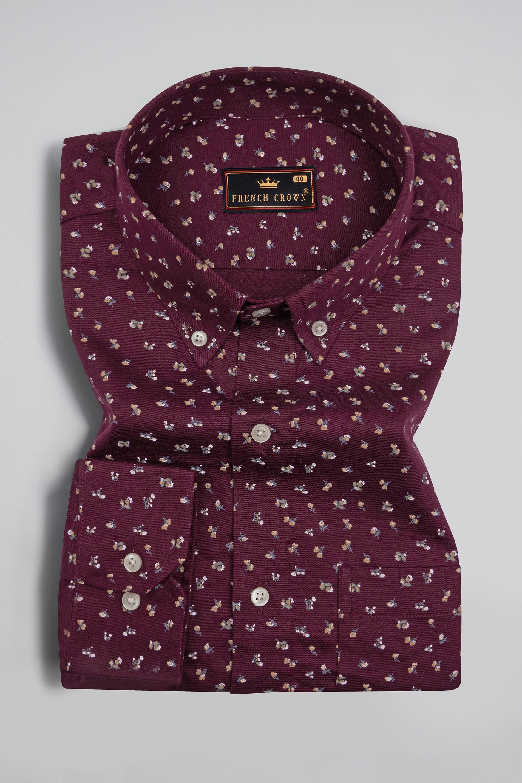 Wine Color with Ditsy Flower Printed Twill Premium Cotton Shirt