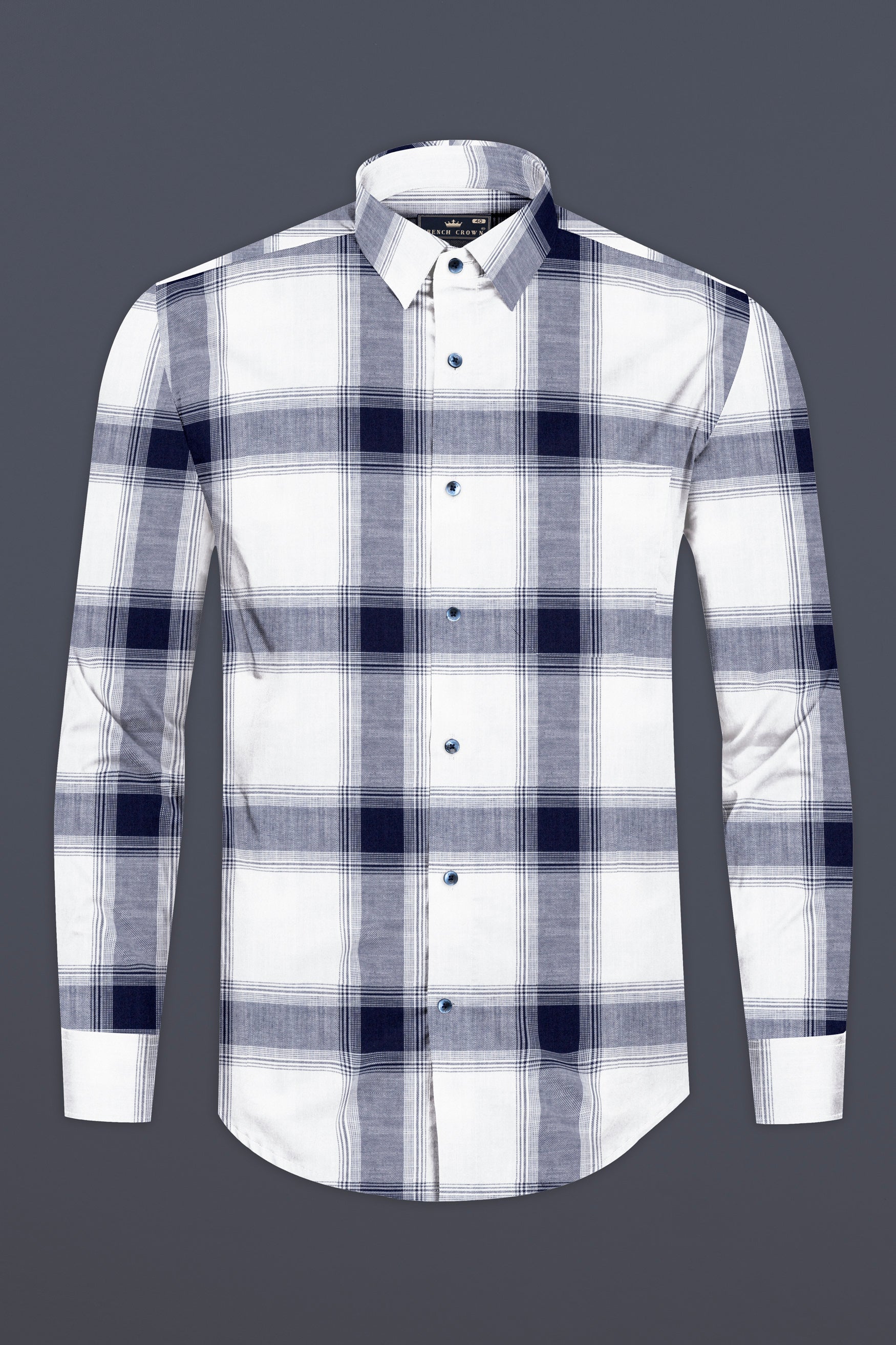 Bright White with Onyx Navy Blue Plaid Twill Premium Cotton Shirt