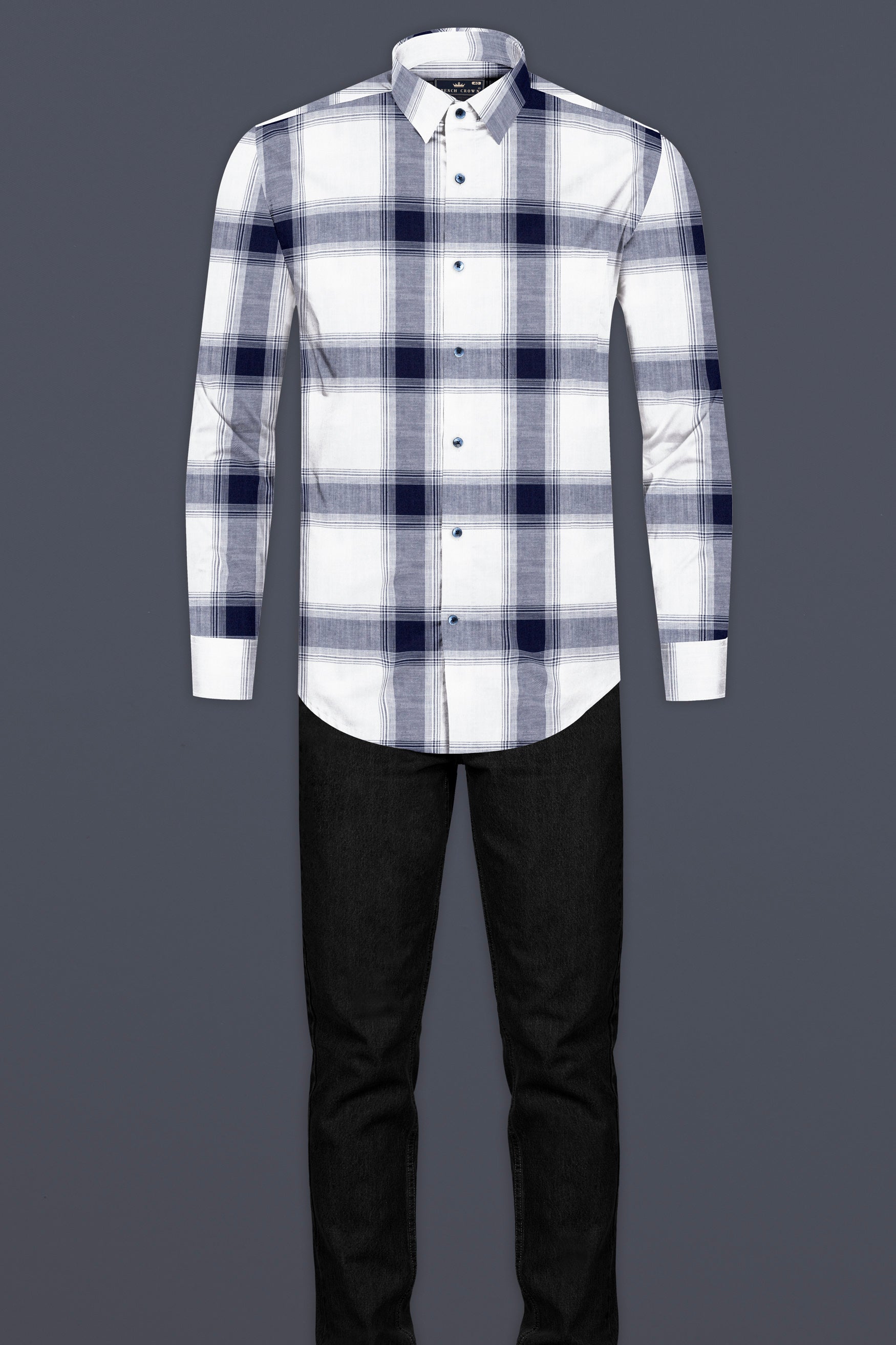 Bright White with Onyx Navy Blue Plaid Twill Premium Cotton Shirt