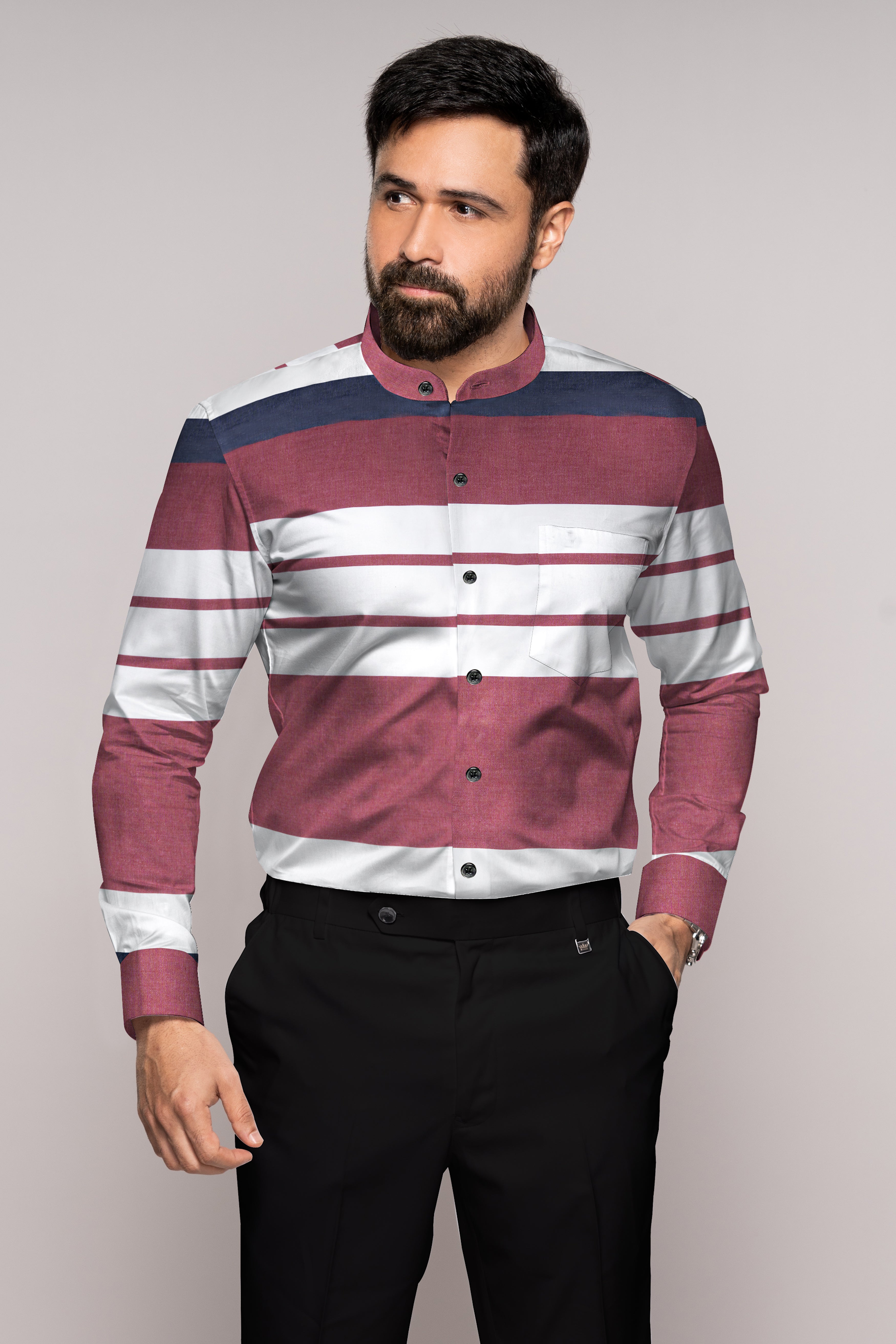 Mauve Red with White and Mirage Navy Blue Striped Super Soft Premium Cotton Shirt