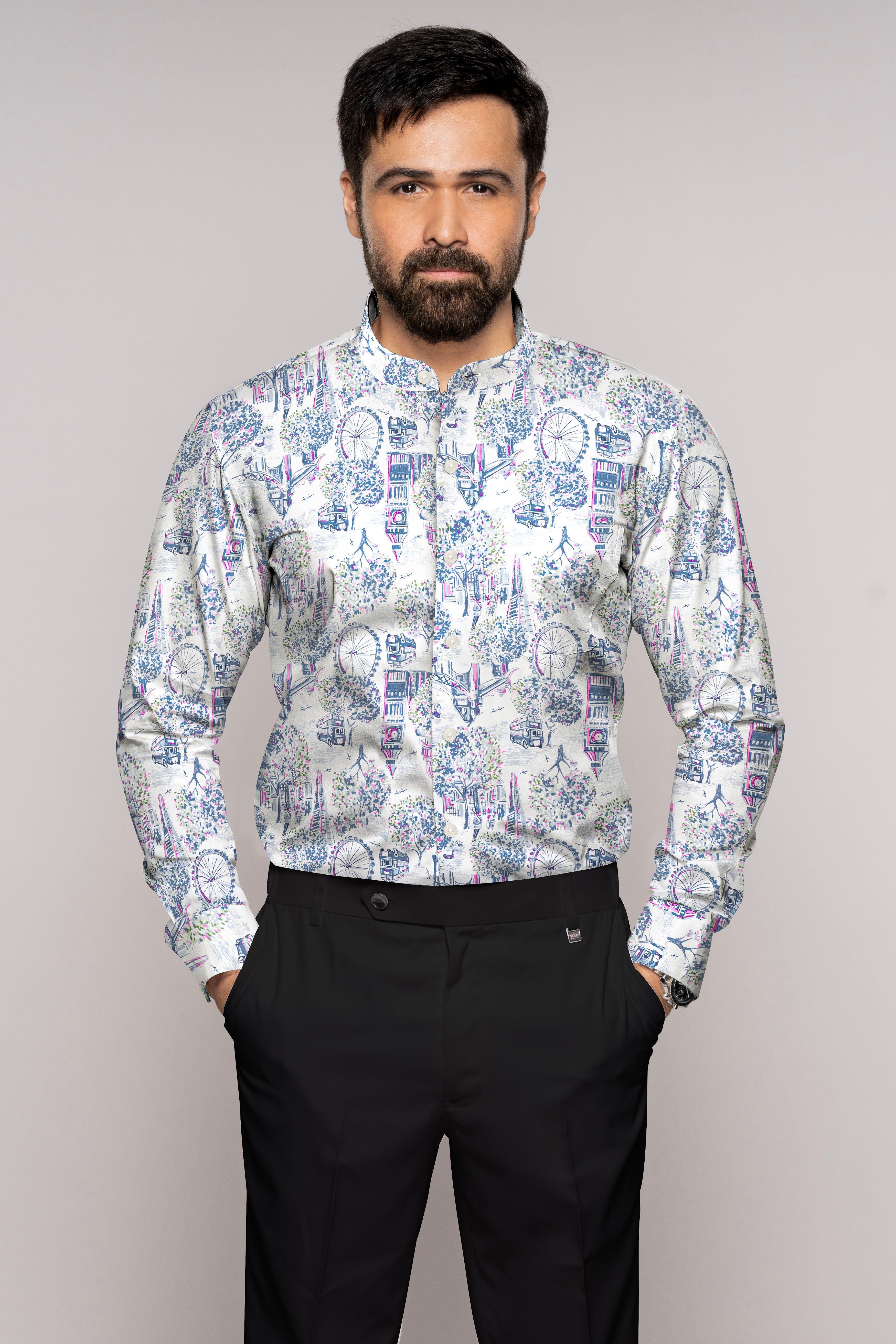 Bright White with Multicolored London City Printed Super Soft Premium Cotton Shirt