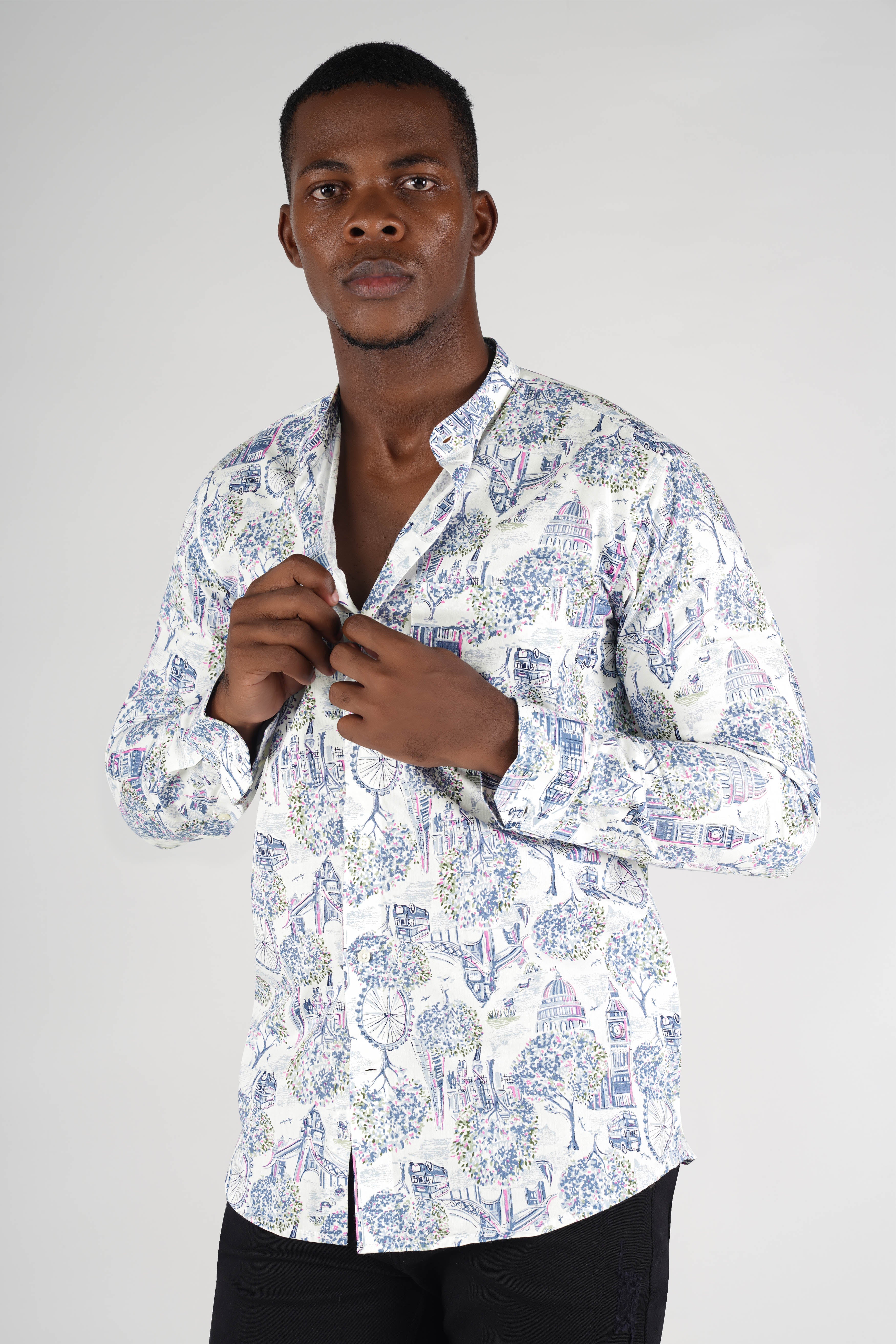 Bright White with Multicolored London City Printed Super Soft Premium Cotton Shirt