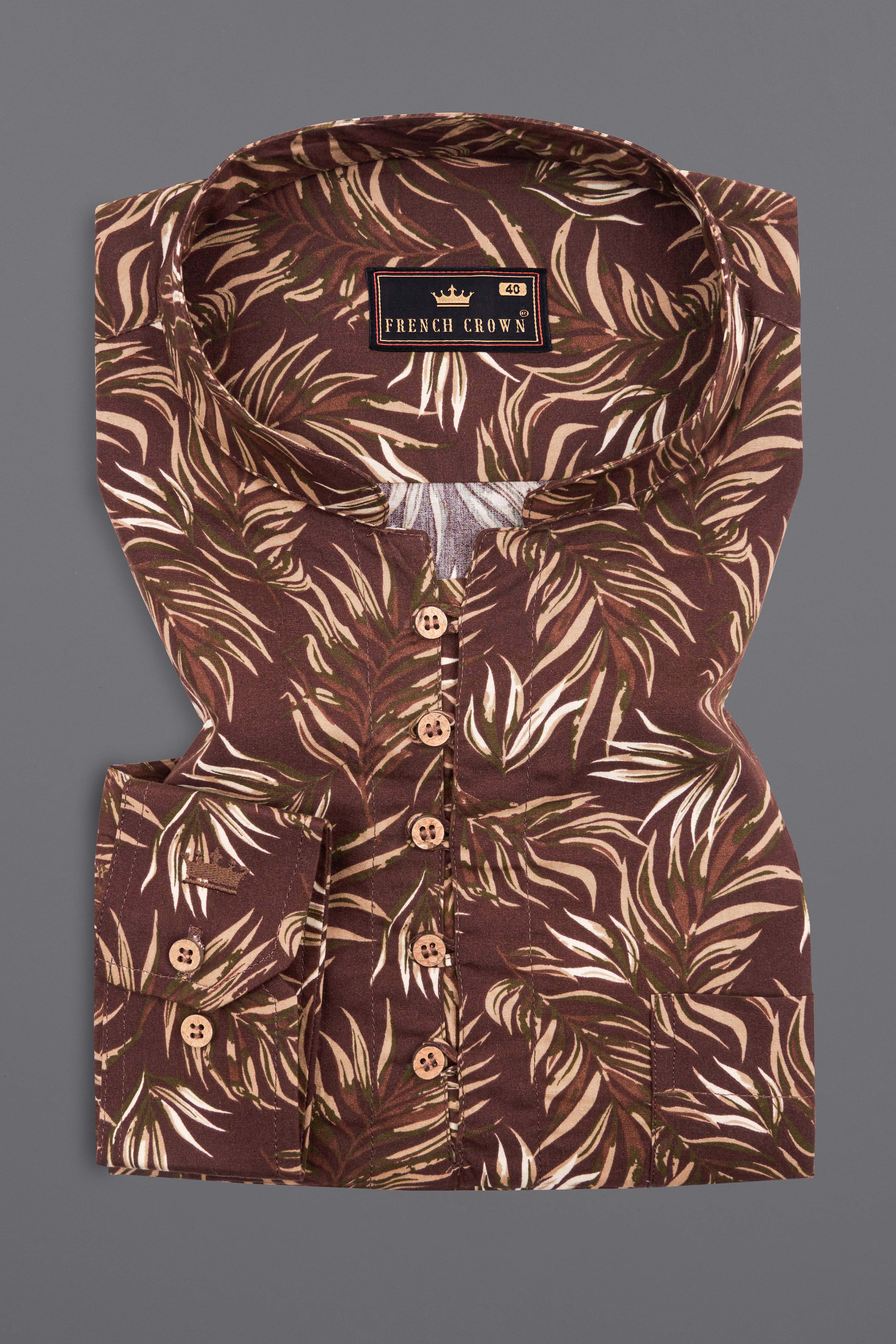 Bistre Brown Leaves Printed Twill Premium Cotton Kurta Shirt