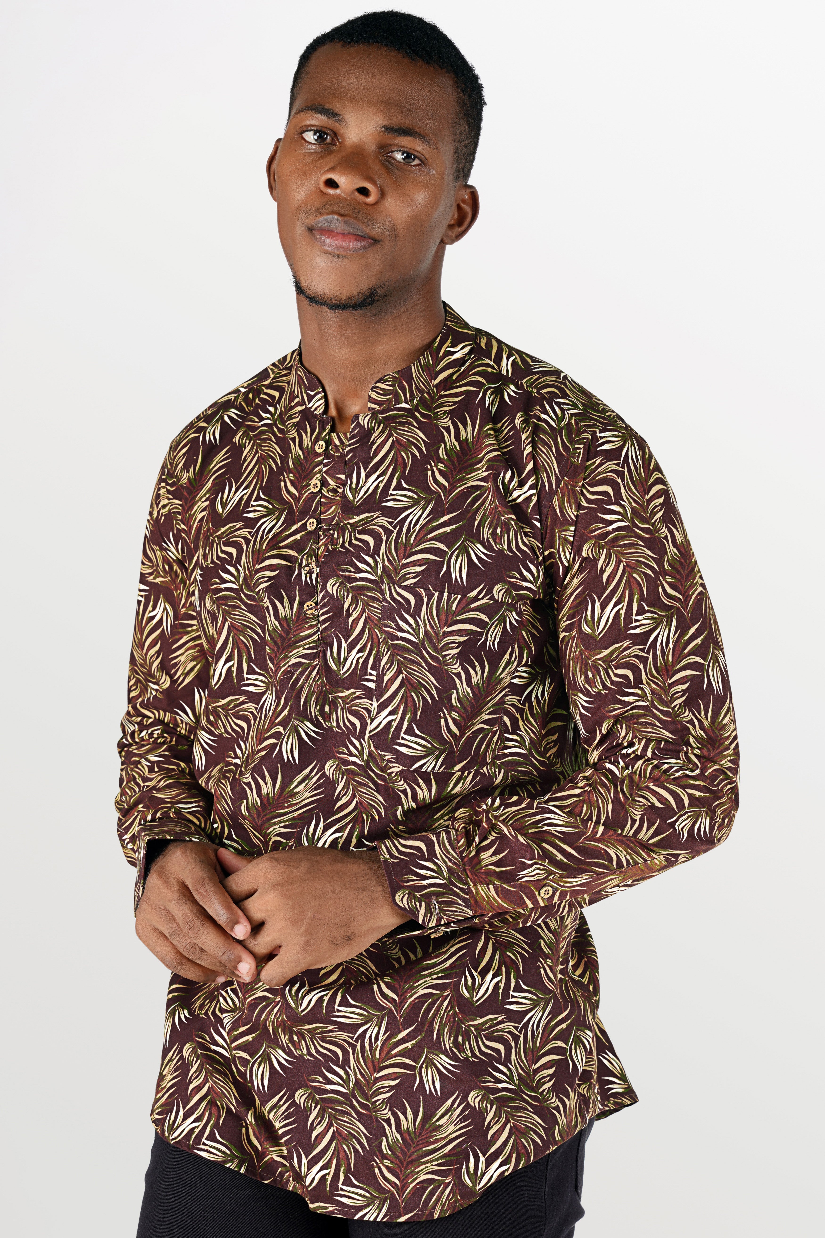 Bistre Brown Leaves Printed Twill Premium Cotton Kurta Shirt