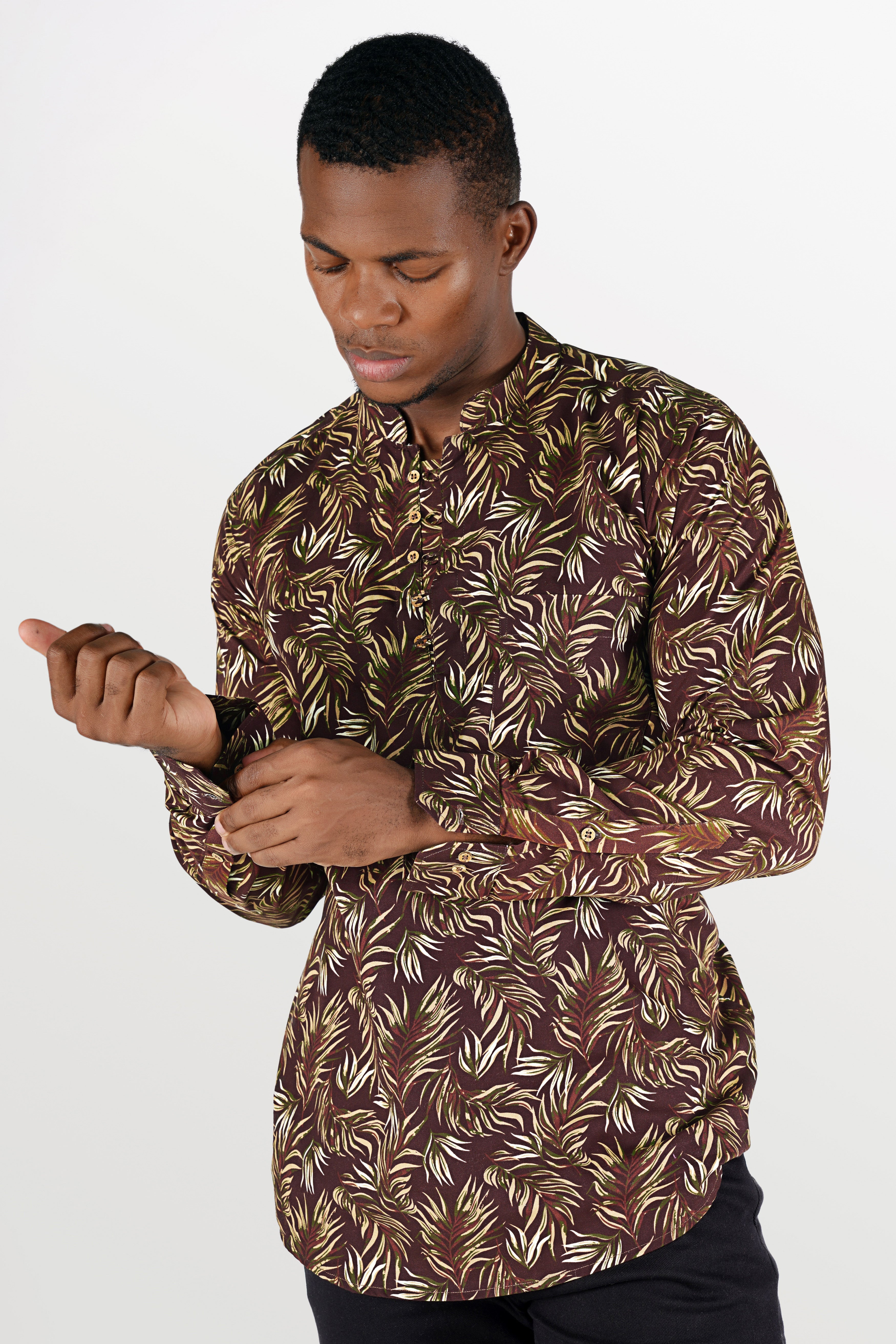 Bistre Brown Leaves Printed Twill Premium Cotton Kurta Shirt