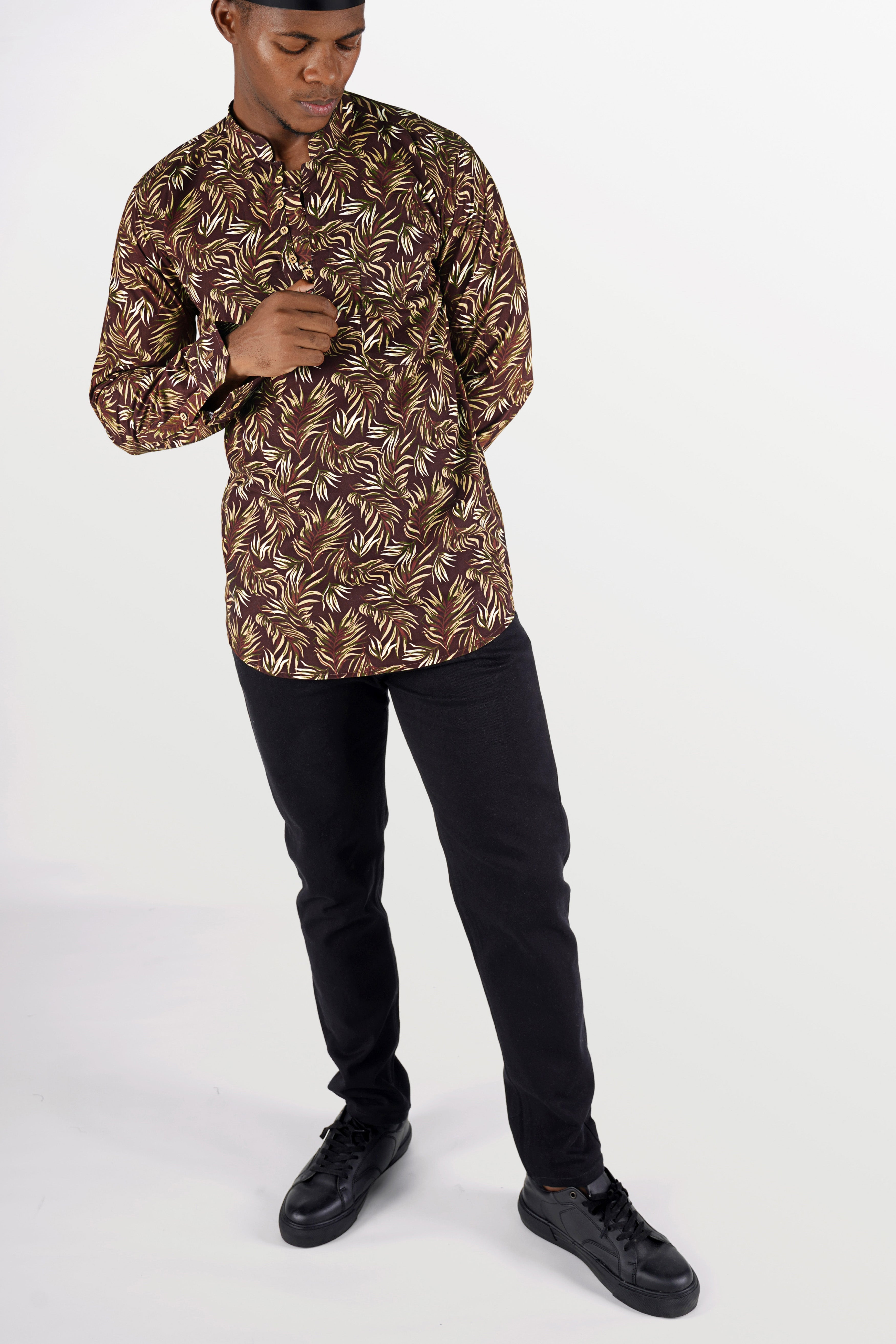 Bistre Brown Leaves Printed Twill Premium Cotton Kurta Shirt