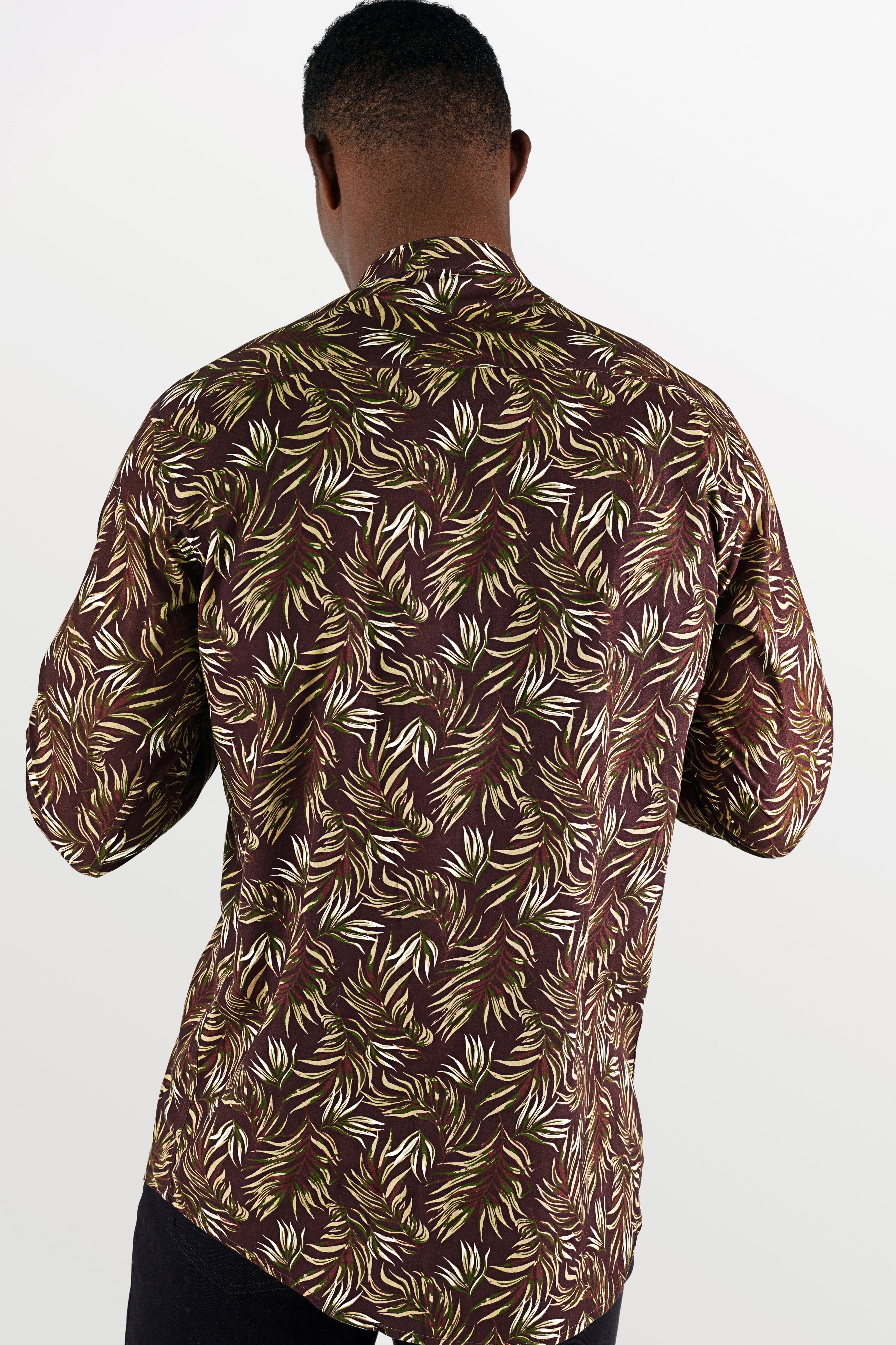 Bistre Brown Leaves Printed Twill Premium Cotton Kurta Shirt