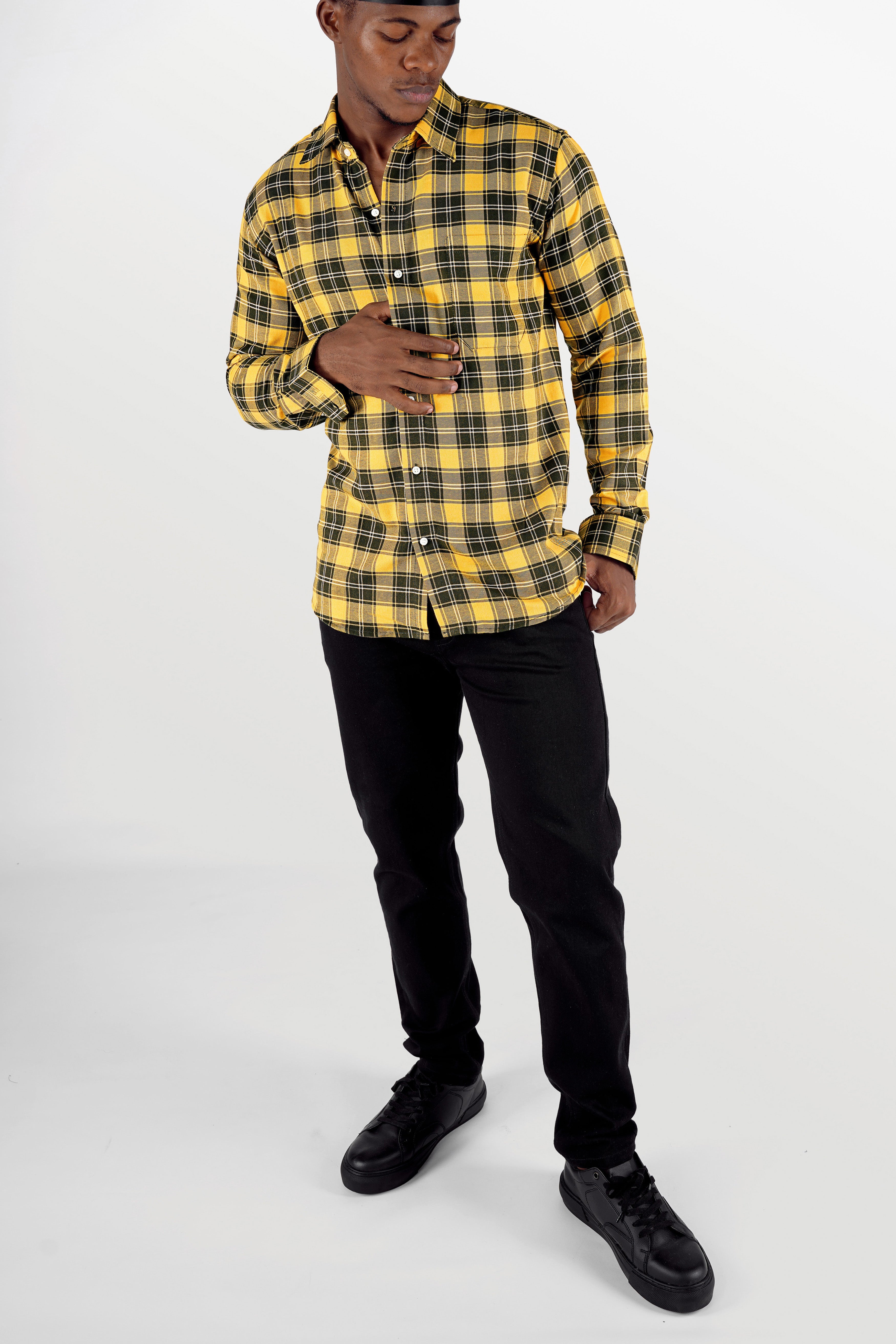 Straw Yellow with Waiouru Green Twill Checkered Premium Cotton Shirt