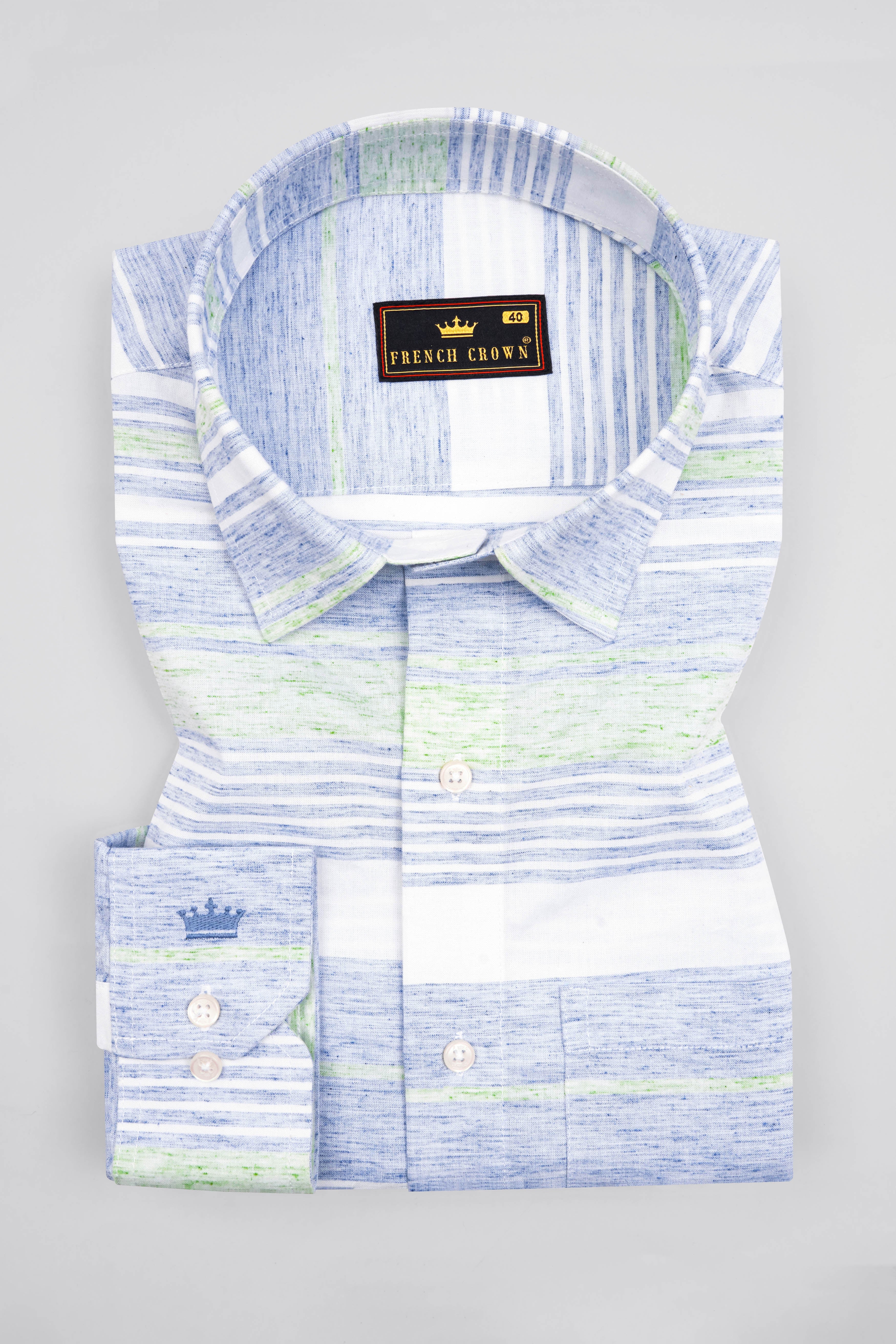 Bright White with Spindle Blue and Coriander Green Striped Premium Cotton Shirt