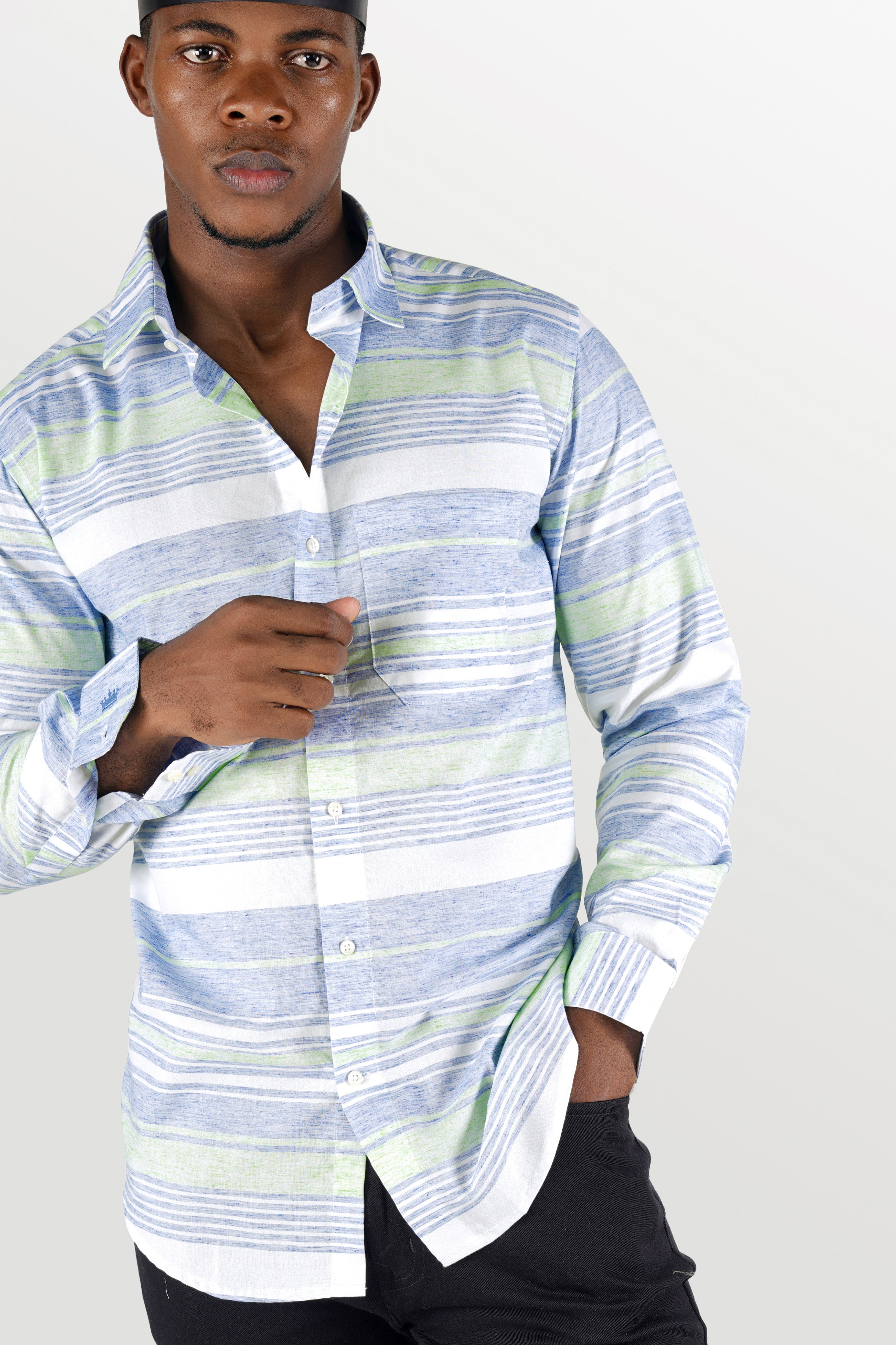 Bright White with Spindle Blue and Coriander Green Striped Premium Cotton Shirt