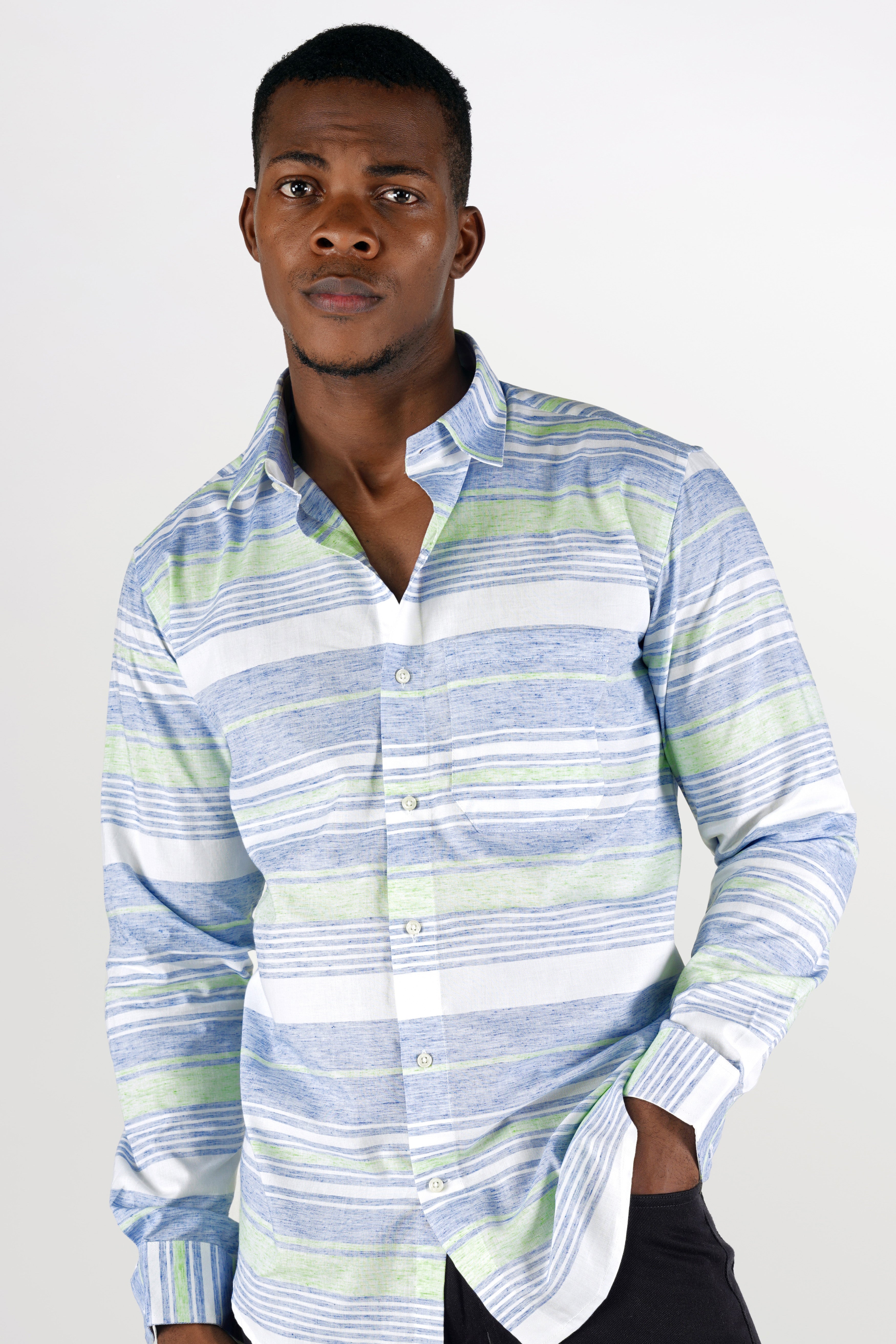 Bright White with Spindle Blue and Coriander Green Striped Premium Cotton Shirt