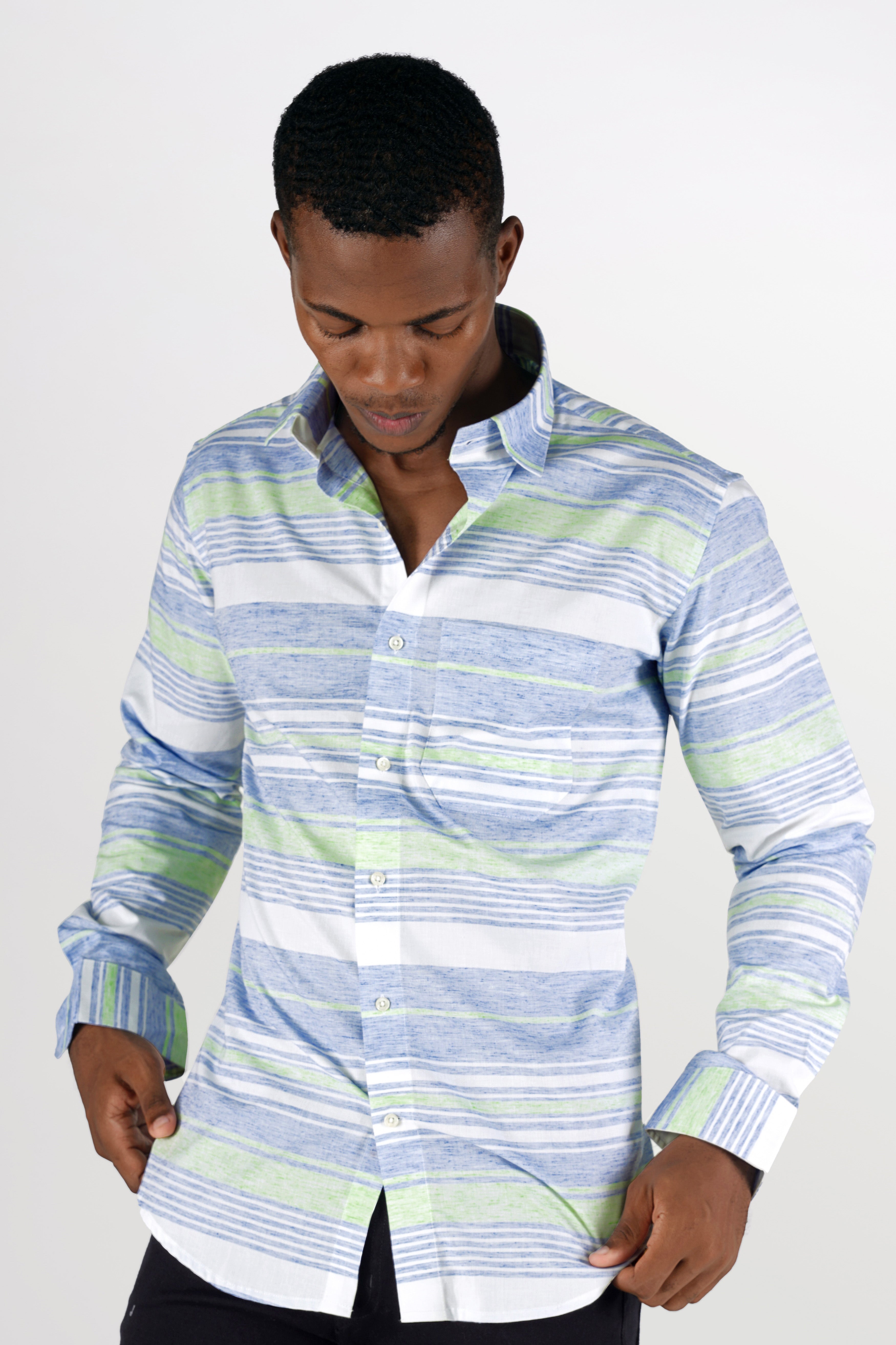 Bright White with Spindle Blue and Coriander Green Striped Premium Cotton Shirt