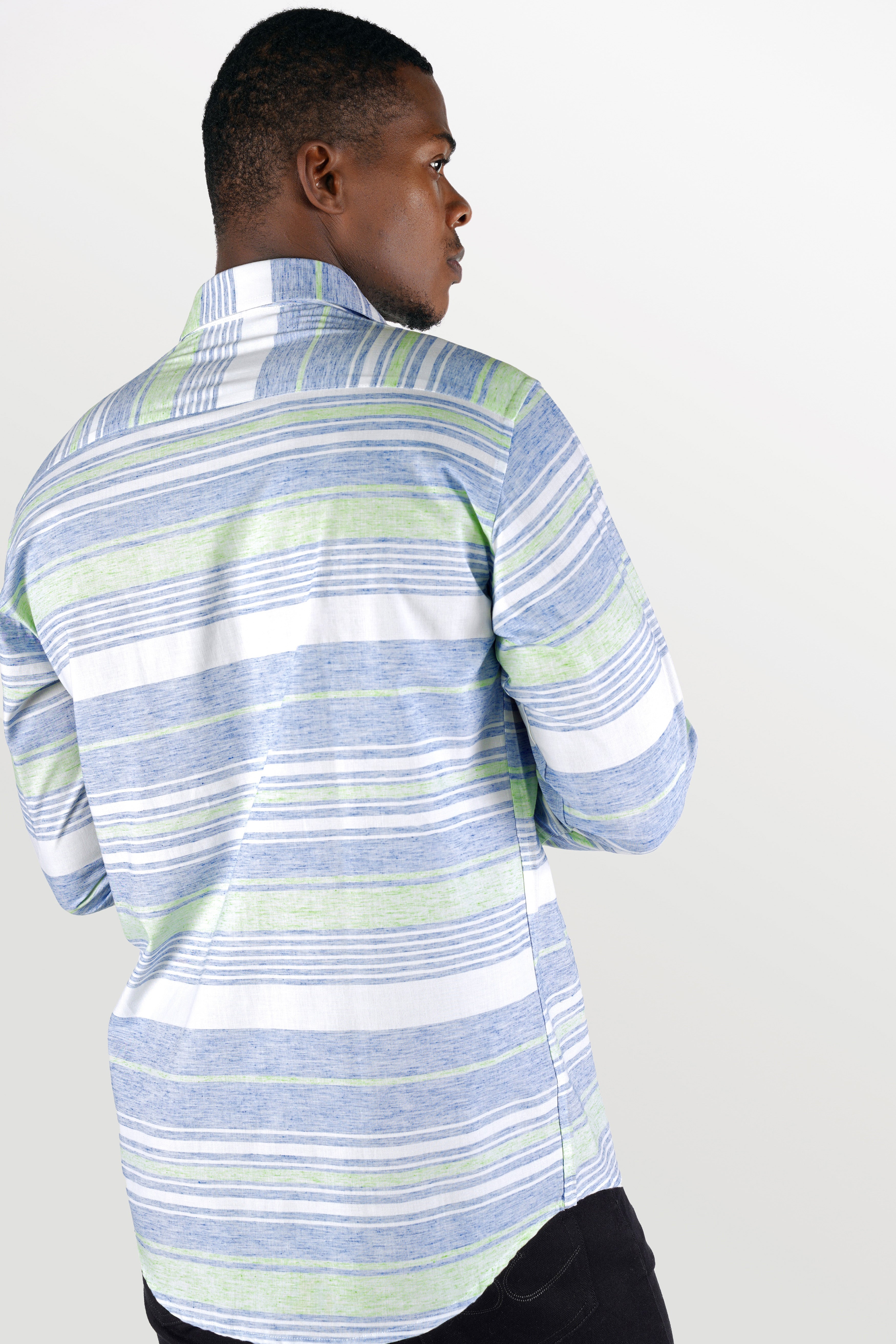 Bright White with Spindle Blue and Coriander Green Striped Premium Cotton Shirt