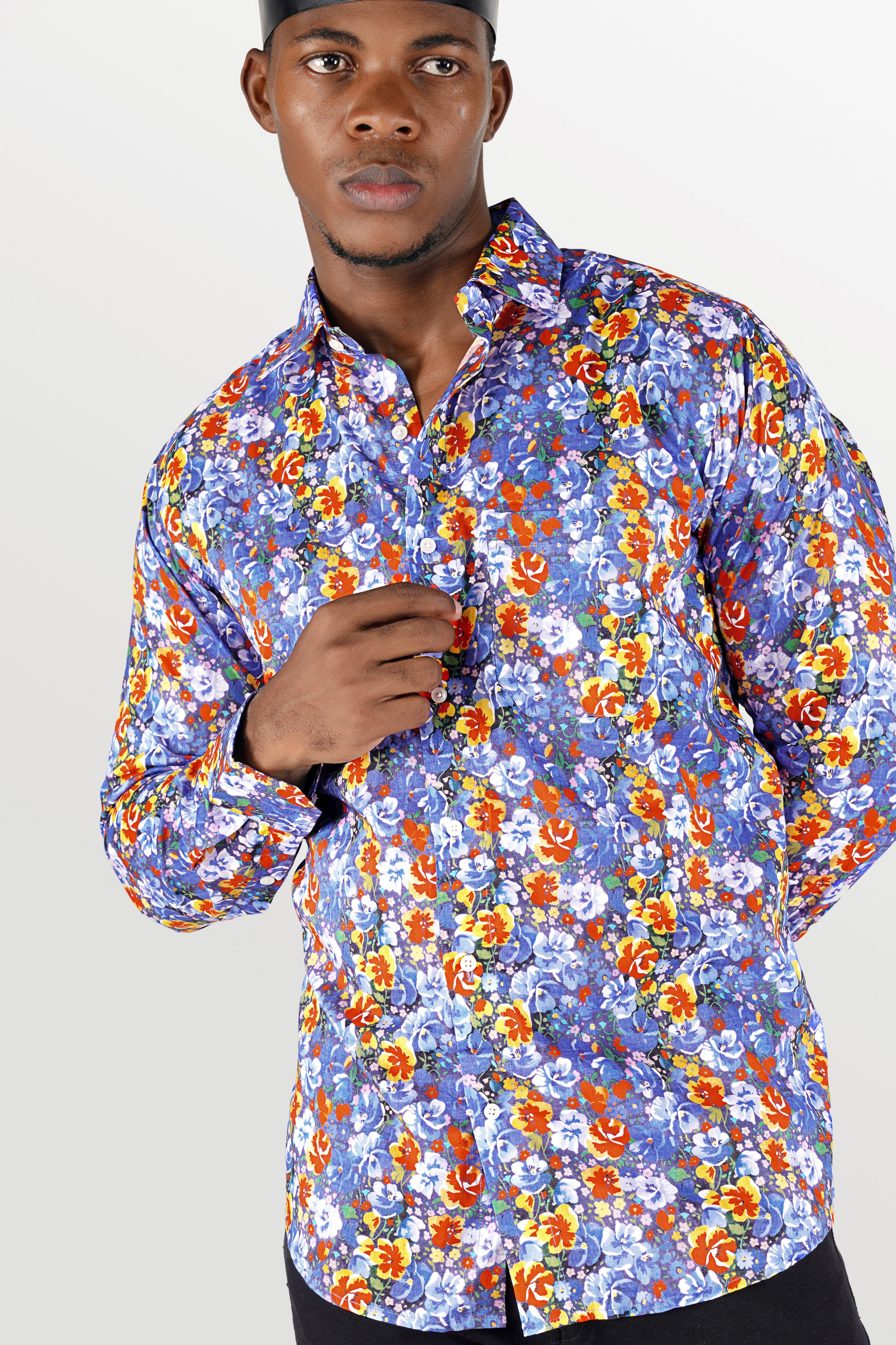 Scampi Purple with Reddish and White Rose Printed Premium Cotton Shirt