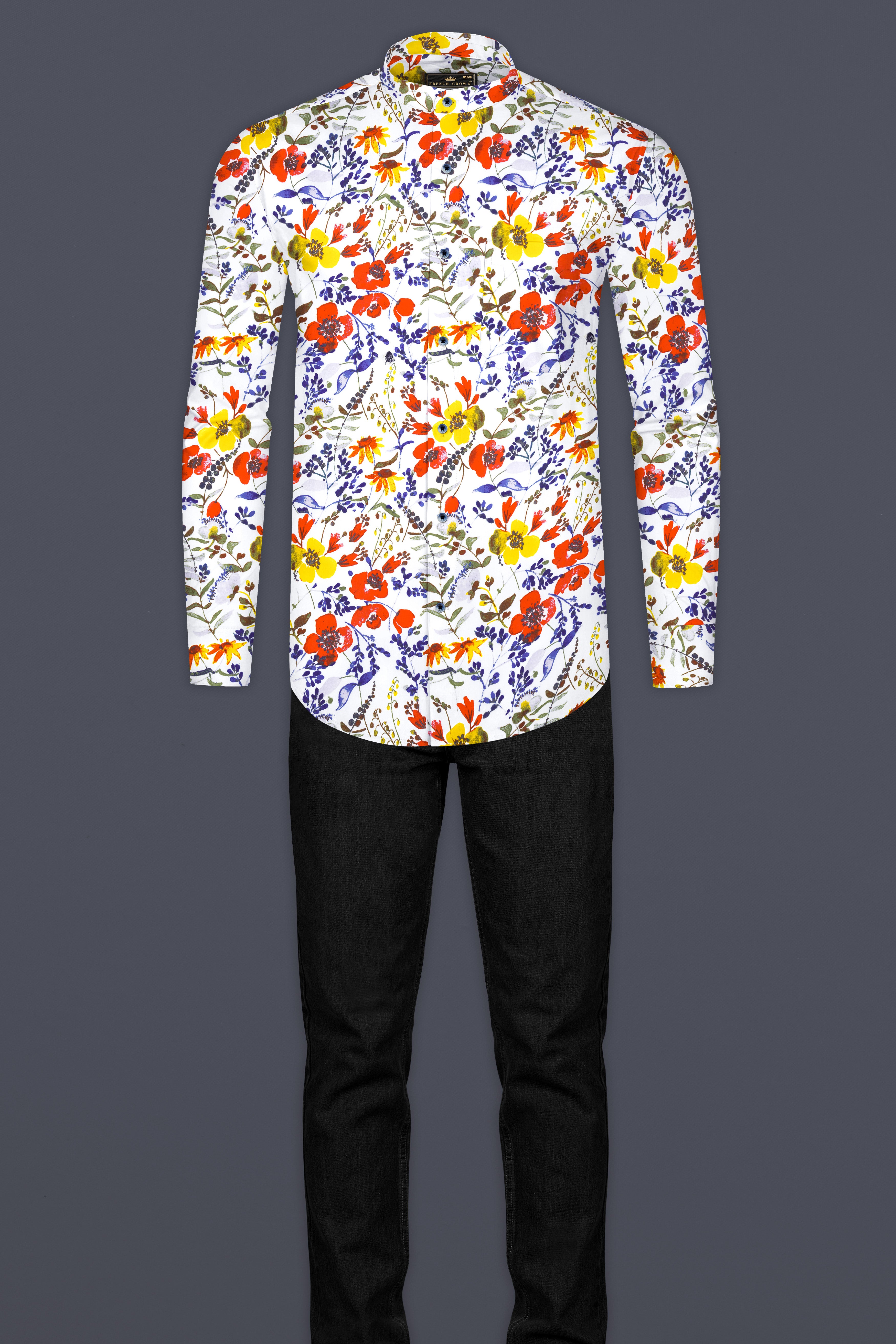 Bright White Multicolour Flower Printed Premium Cotton Shirt