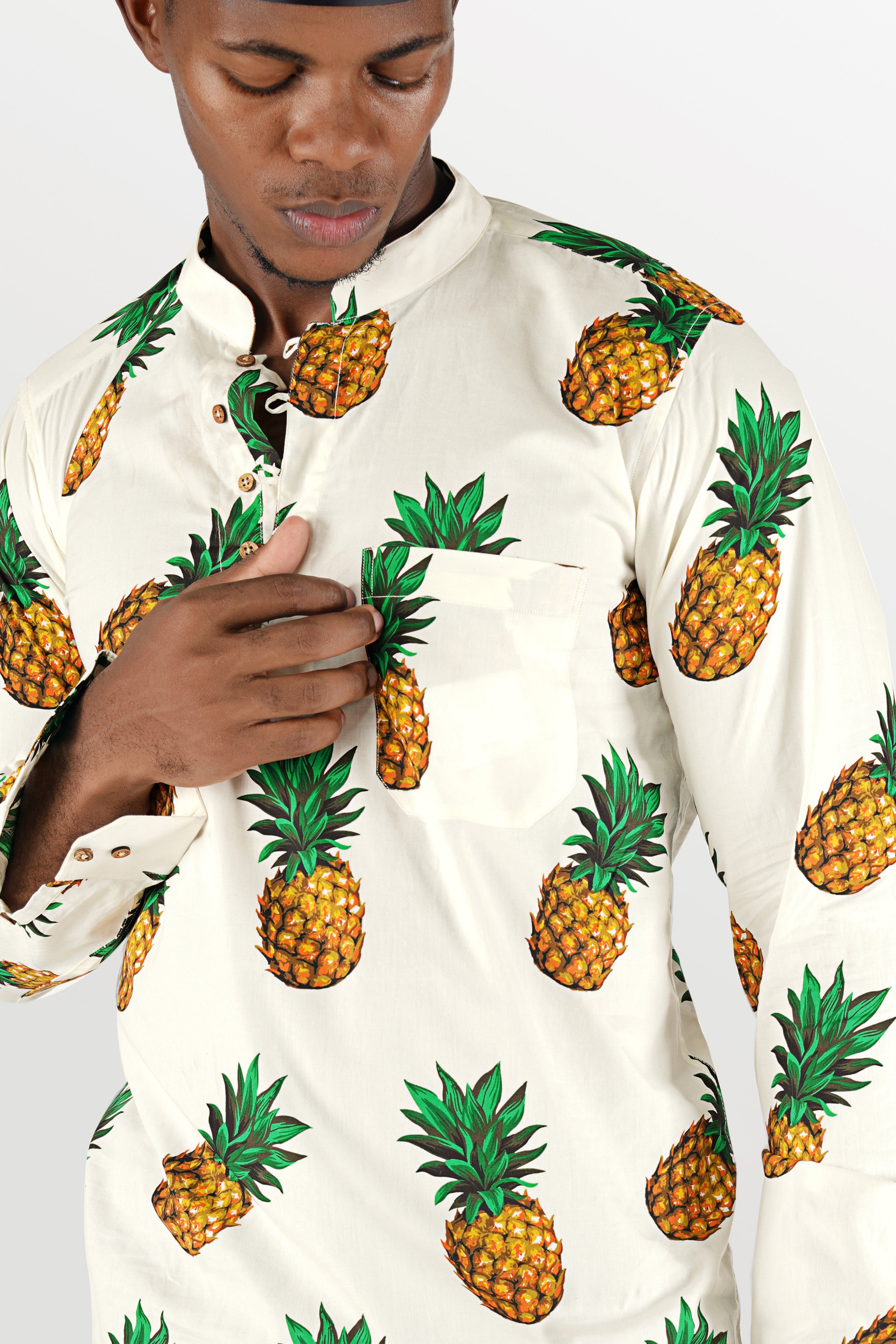 Off White Pineapple Printed Premium Cotton Kurta Shirt