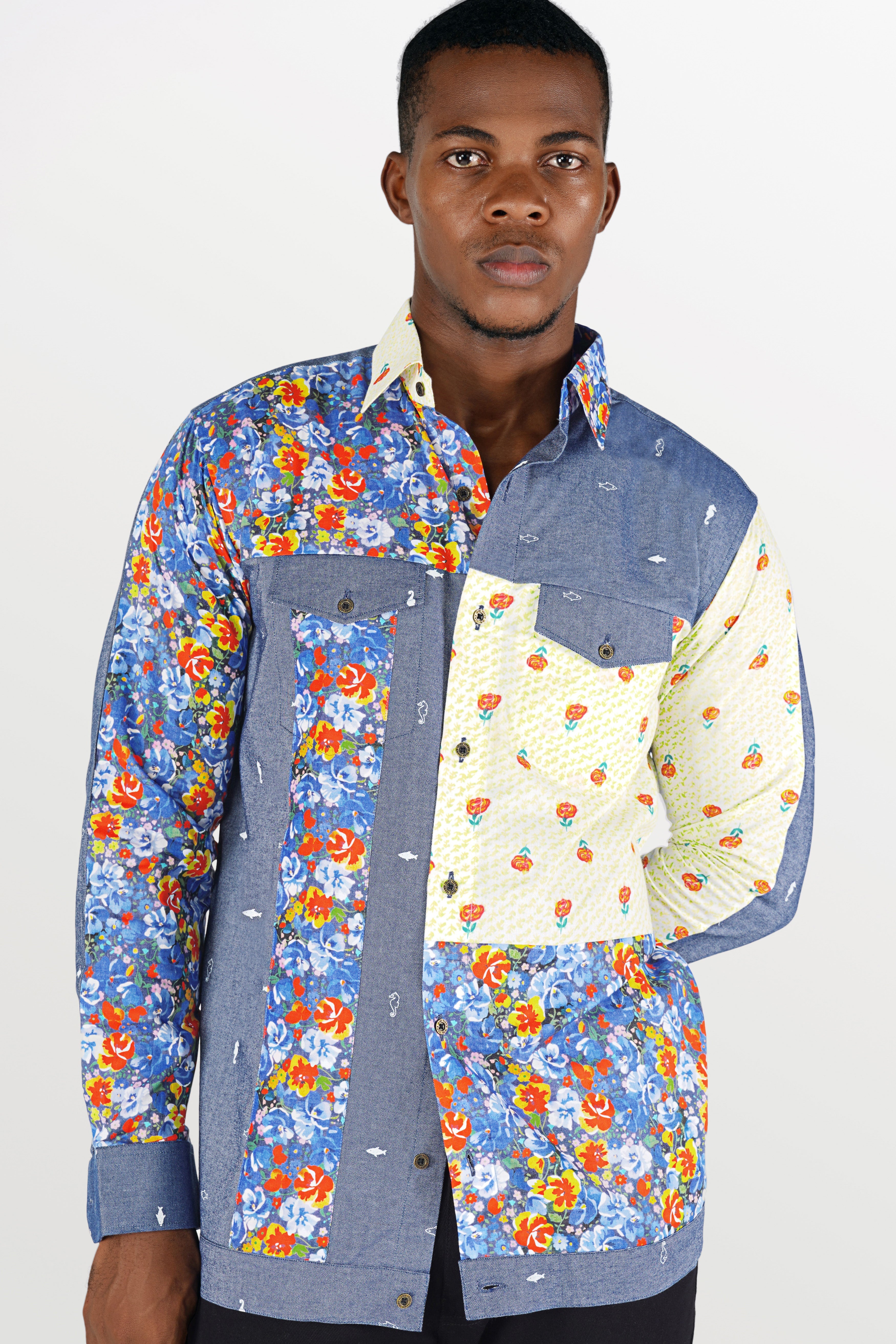 Neptune Blue with Amethyst Gray Floral Printed Denim Designer Shirt