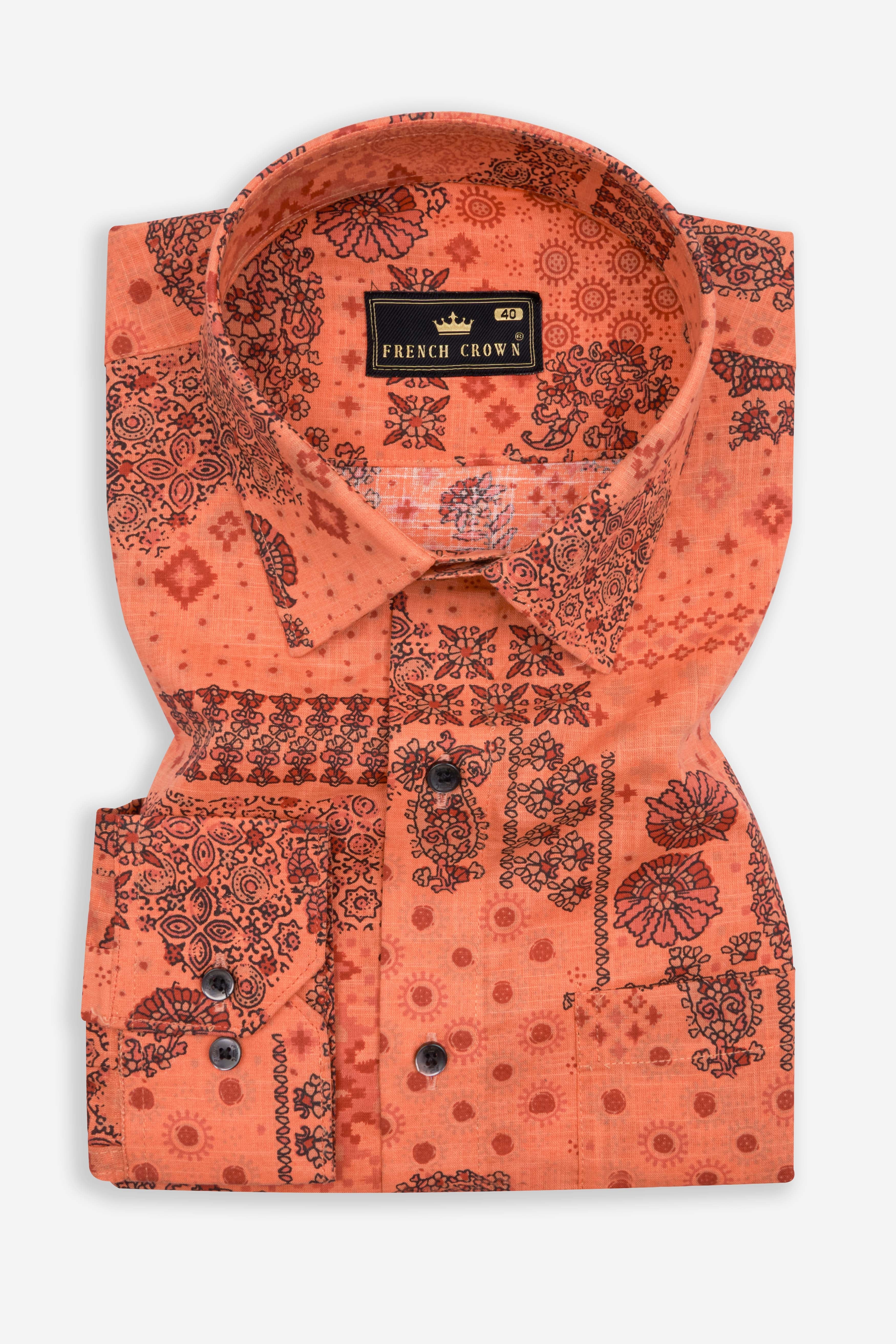 Geraldine Orange Ethnic Printed Chambray Shirt