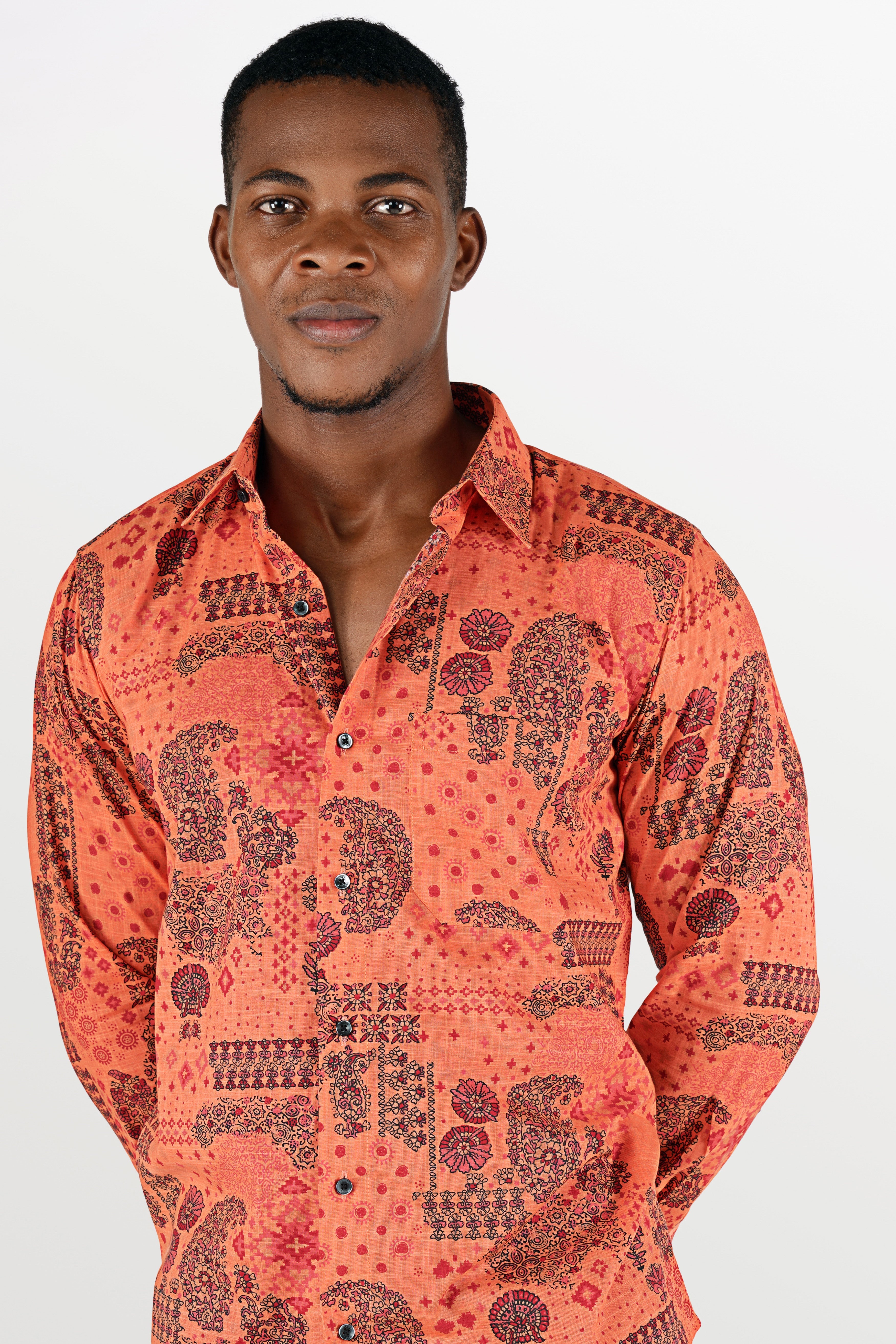 Geraldine Orange Ethnic Printed Chambray Shirt